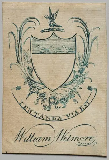 Bookplate:  Coat of Arms with William Wetmore inscribed below