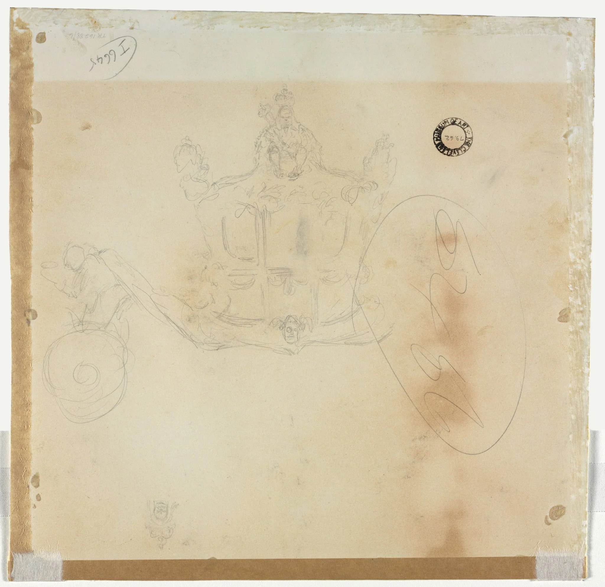 Study for Cab and Front Left Wheel of Coach and Study for Head of Crowned Figure Seated on Top of Coach (verso), by Edward Tennyson Reed, 1911