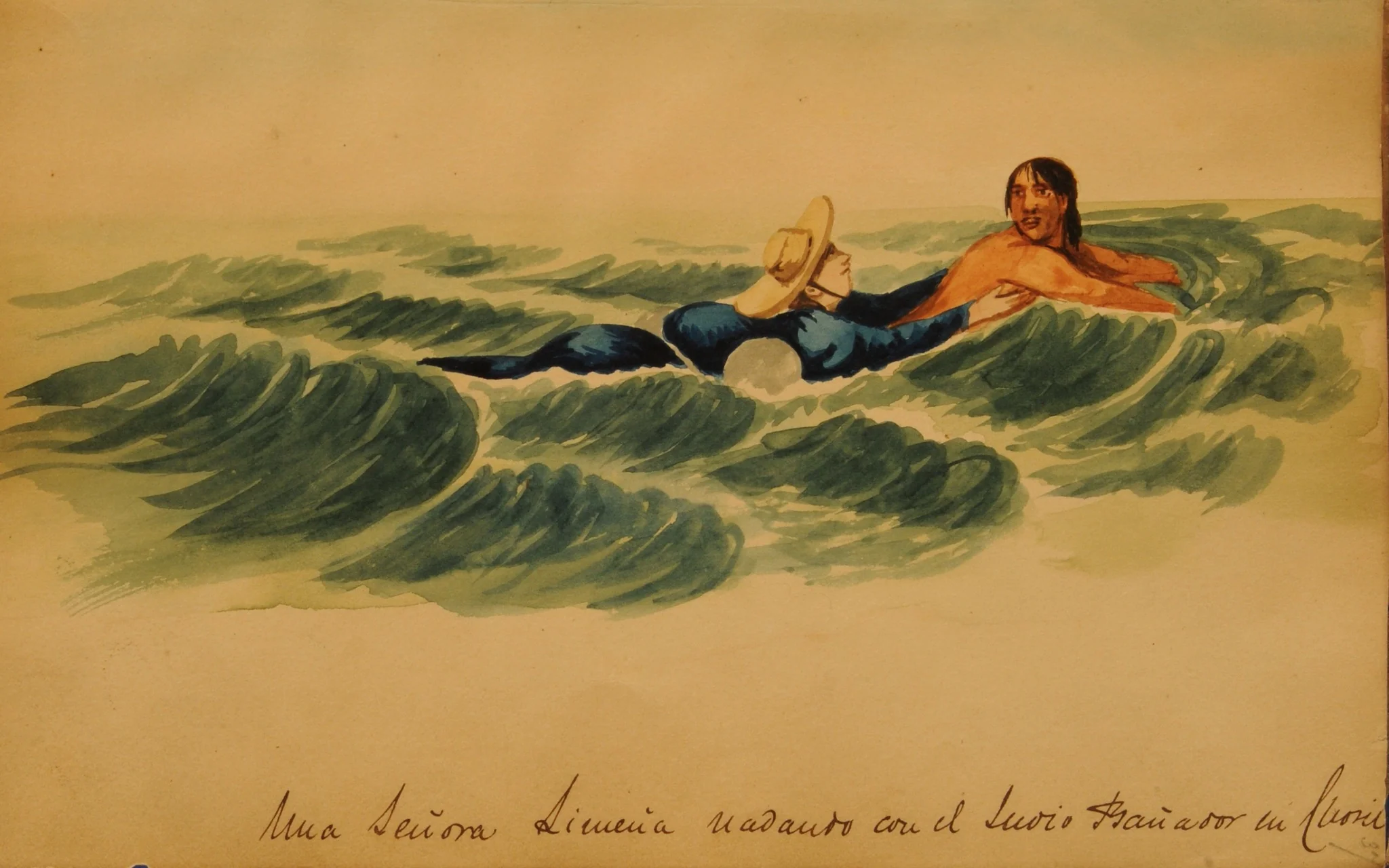 A Lima lady swimming with the Indian swimsuit in Chosil, by Pancho Fierro, unspecified, 1850