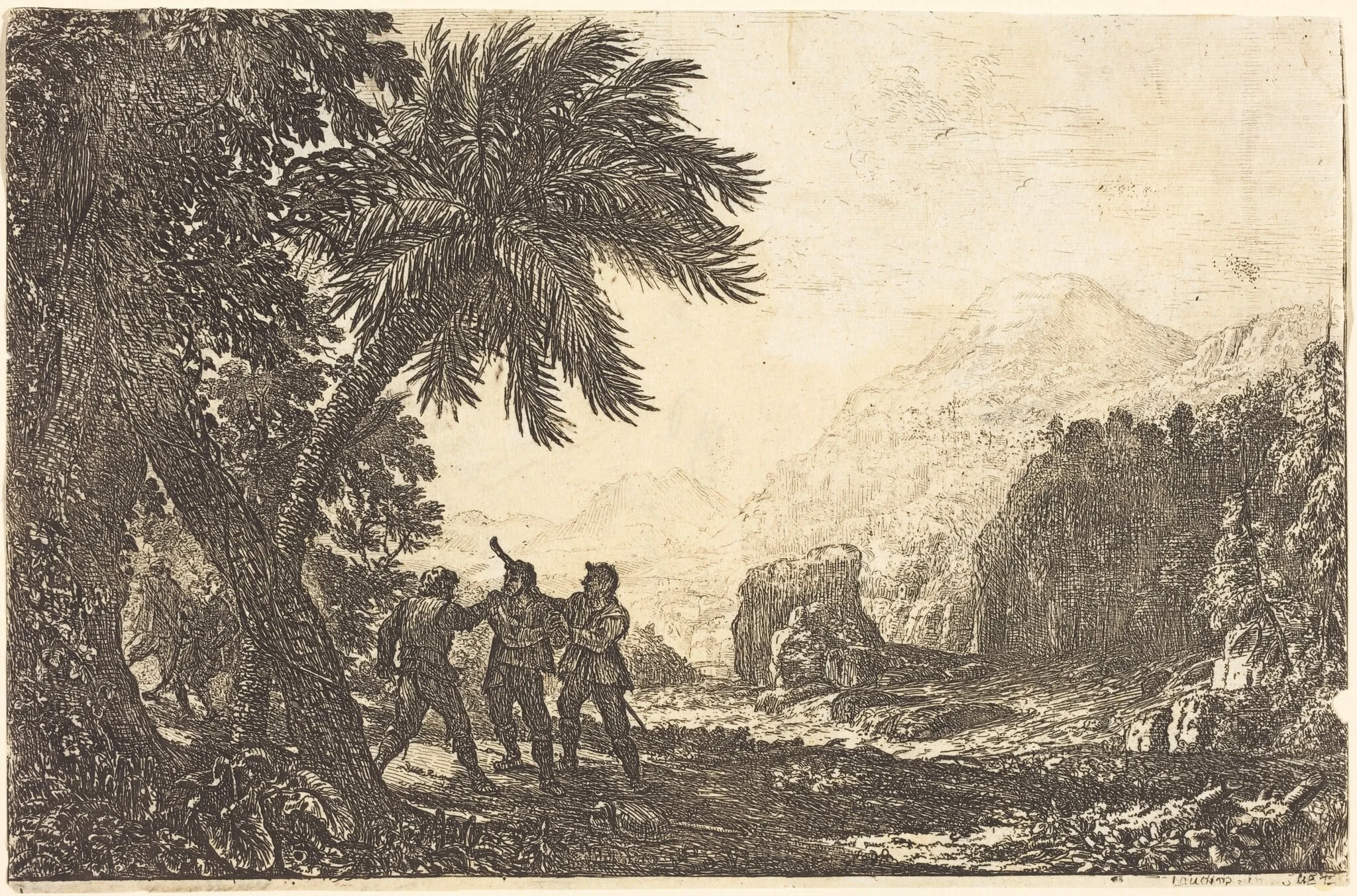 Landscape with Brigands (Scène de brigands), by Claude Lorrain, ink, 1633