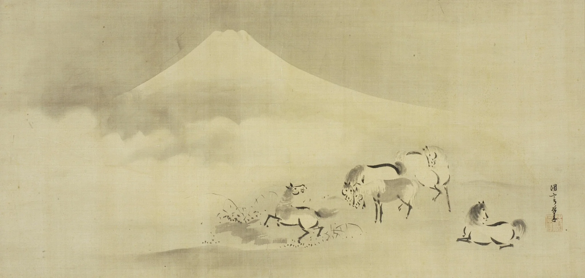 Frolicking Horses under Mt. Fuji, by Unknown, unspecified, 1650