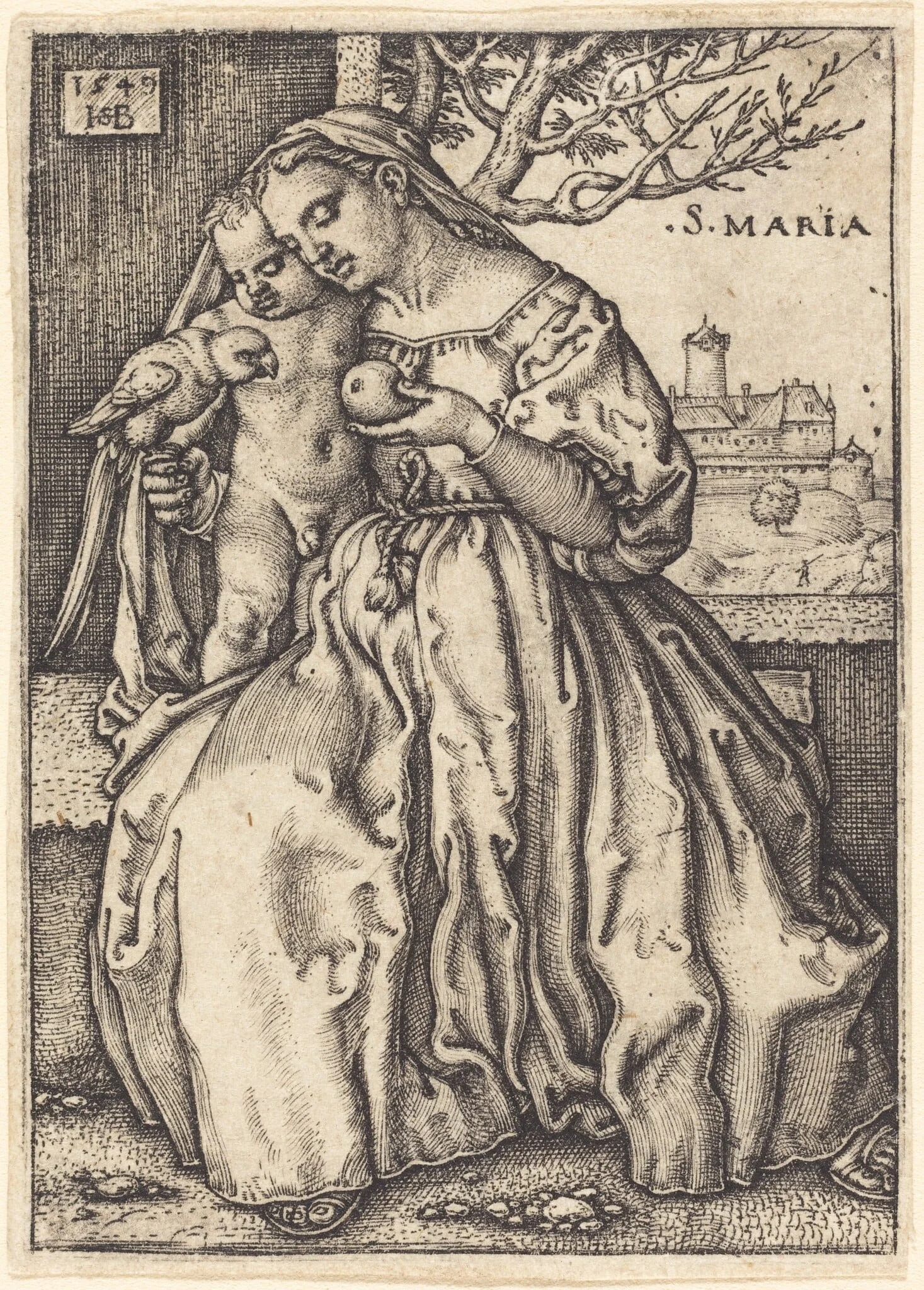 The Virgin and Child with a Parrot, by Sebald Beham, ink, 1549