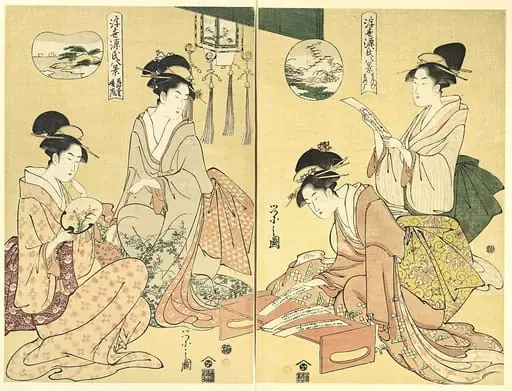 鳥文斎栄之画　「浮世源氏八景 幻　落雁 薄雲　晴嵐」|Spirit Summoner; Wild Geese Returning Home (Maboroshi; Rakugan) (right) and A Thin Veil of Clouds; Clearing Weather (Usugumo; Seiran) (left), from the series Eight Views of The Tale of Genji in the Floating World (Ukiyo Genji hakkei)