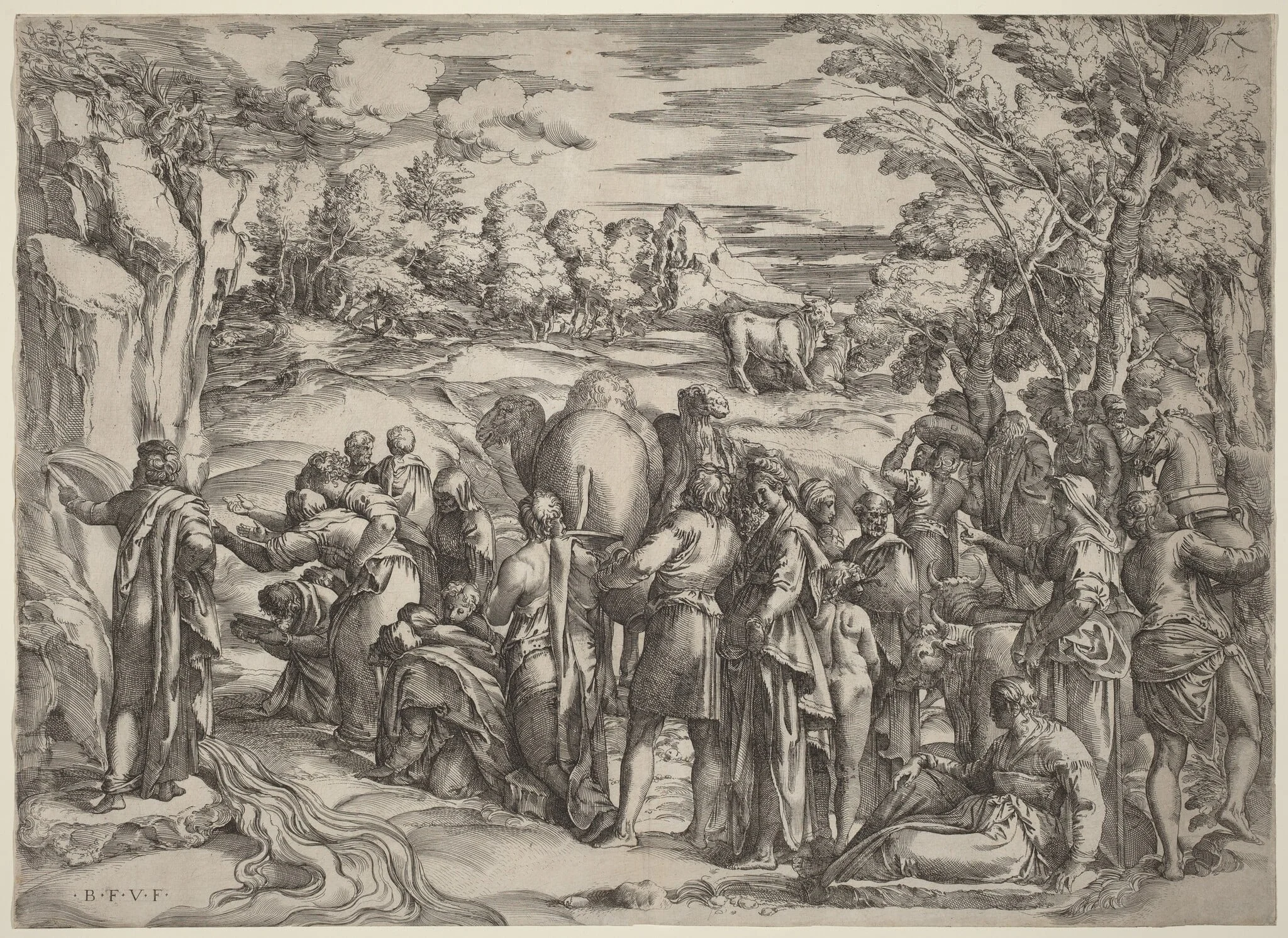 Moses Striking the Rock, by Battista Franco, ink, 1530
