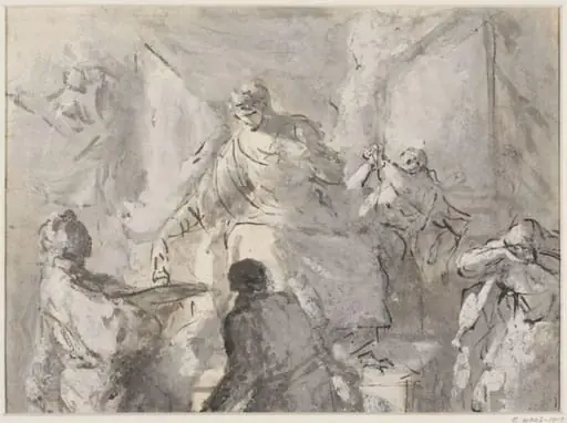 A seated figure receiving an offering