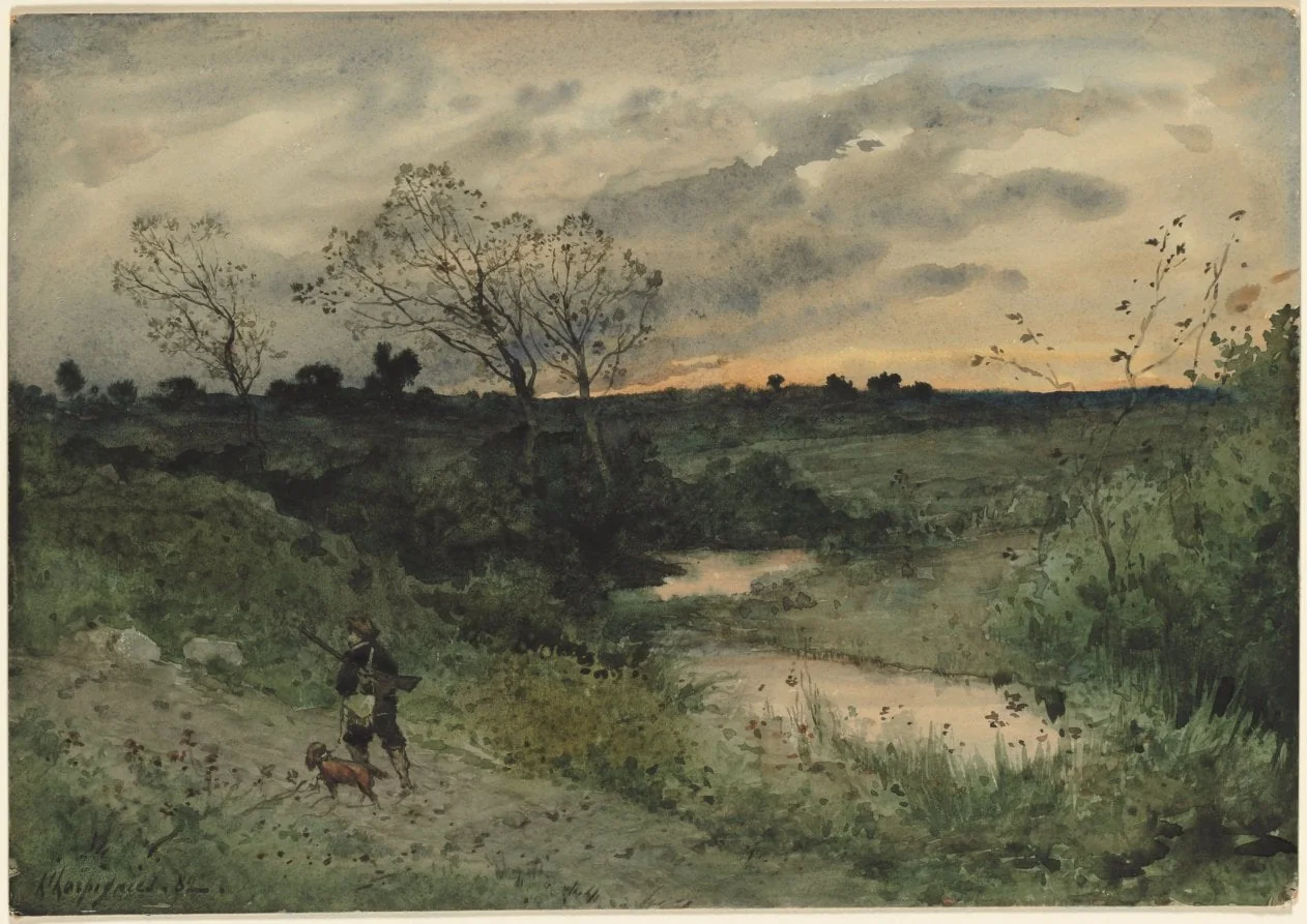 Dawn—Hunter with Dog, by Henri Harpignies, 1882
