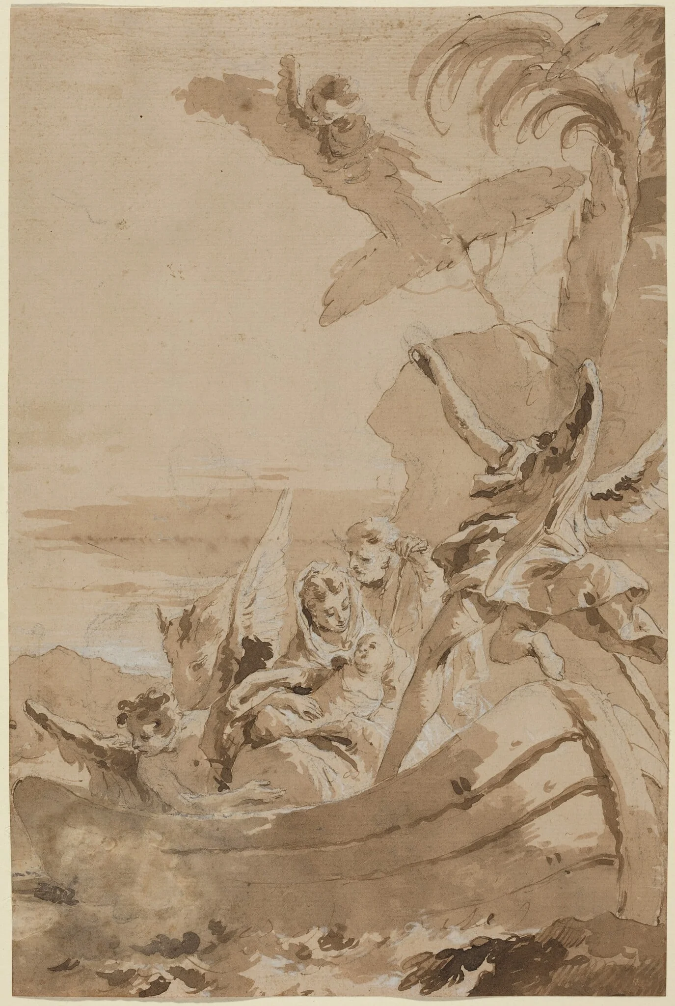 The Flight into Egypt with the Holy Family and Two Angels in a Skiff, by Giustino Menescardi, ink, 1748