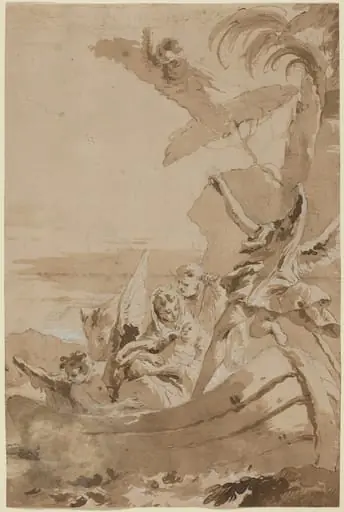 The Flight into Egypt with the Holy Family and Two Angels in a Skiff