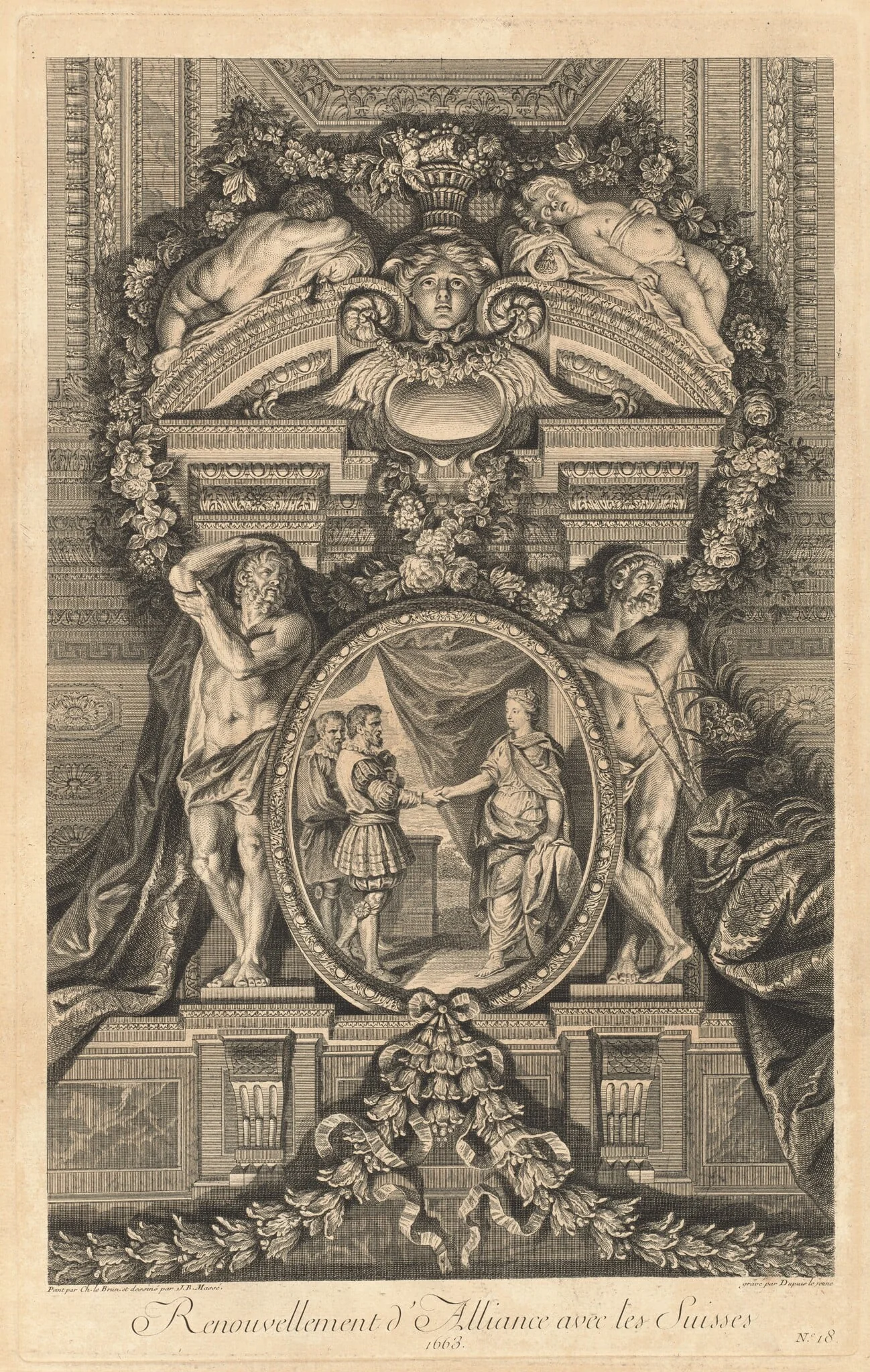 Renouvellement d'Alliance avec les Suisses 1663 (Renewal of Alliance with the Swiss 1663) [pl. 18], by Jean-Baptiste Massé, ink, 1752
