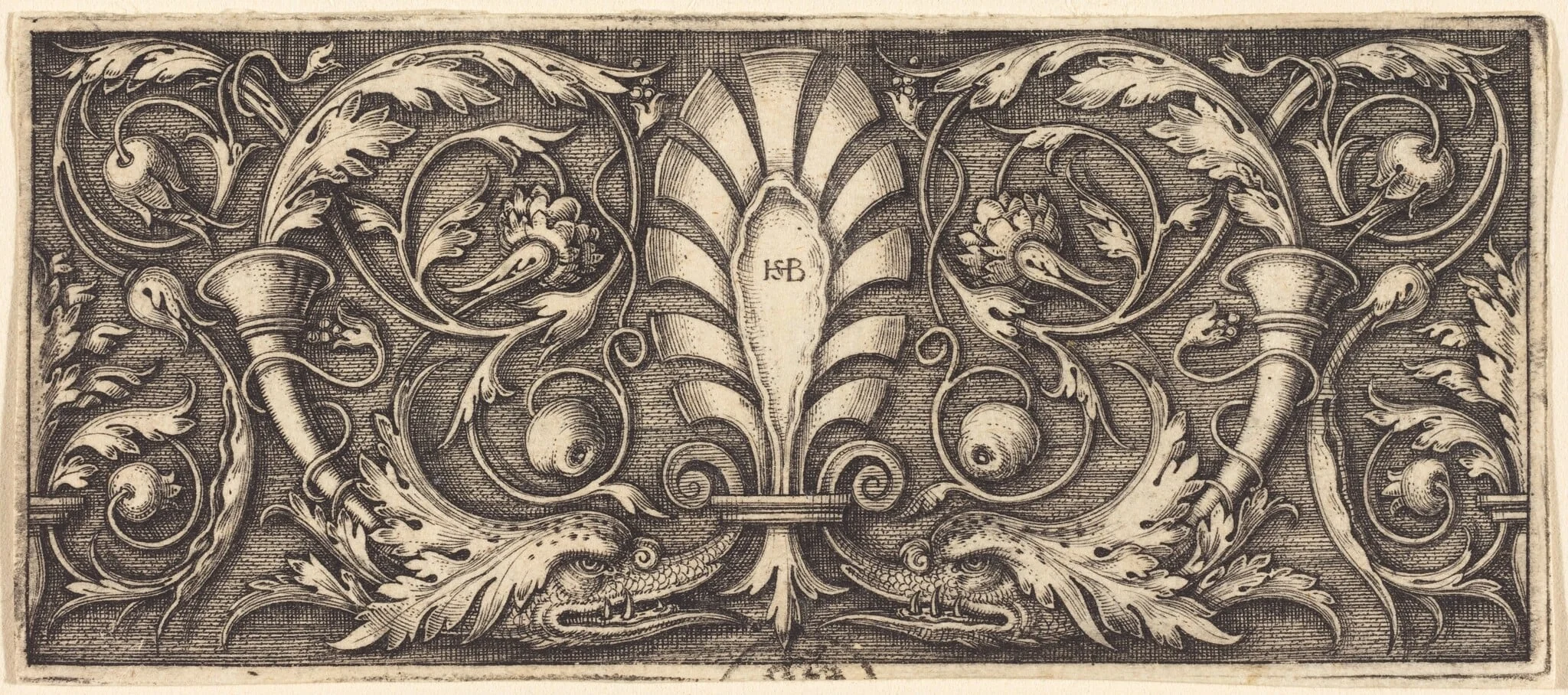 Ornament with Palmette and Two Dophin Heads, by Sebald Beham, ink, 1542