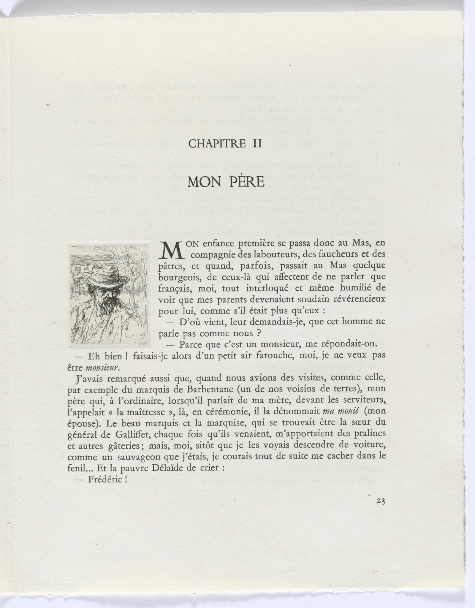 Frédéric Mistral: Mémoires et Recits by Frédéric Mistral: bust of man with hat (page 23), by Auguste Brouet, 1937