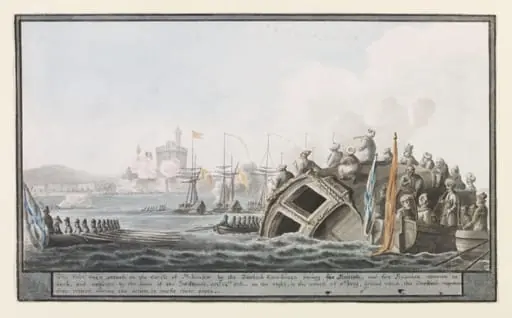 The first day's attack on the Castle of Aboukir by the Turkish Gun-boats having five British, and five Russian seamen in each, and assisted by the boats of the Swiftsure, octr: 24th