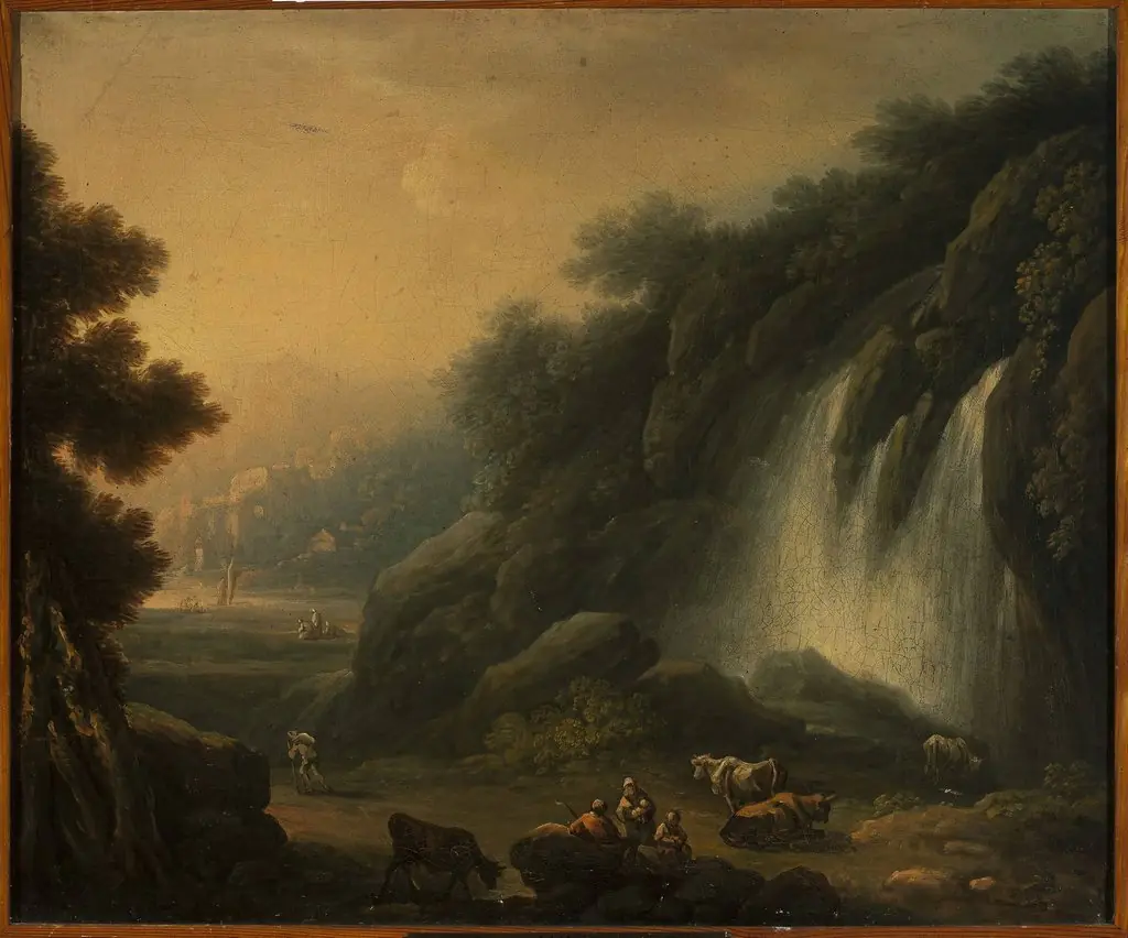 Mountain landscape with a waterfall and staffage
