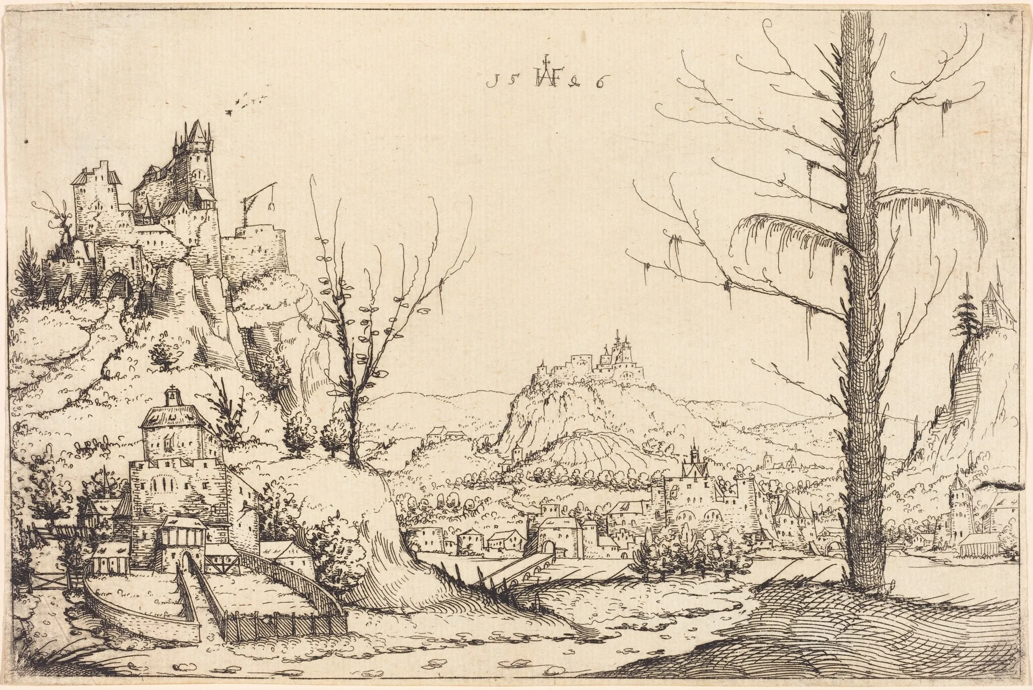 Landscape with High Cliffs, River, and City, by Augustin Hirschvogel, ink, 1546