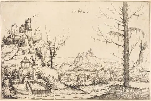 Landscape with High Cliffs, River, and City