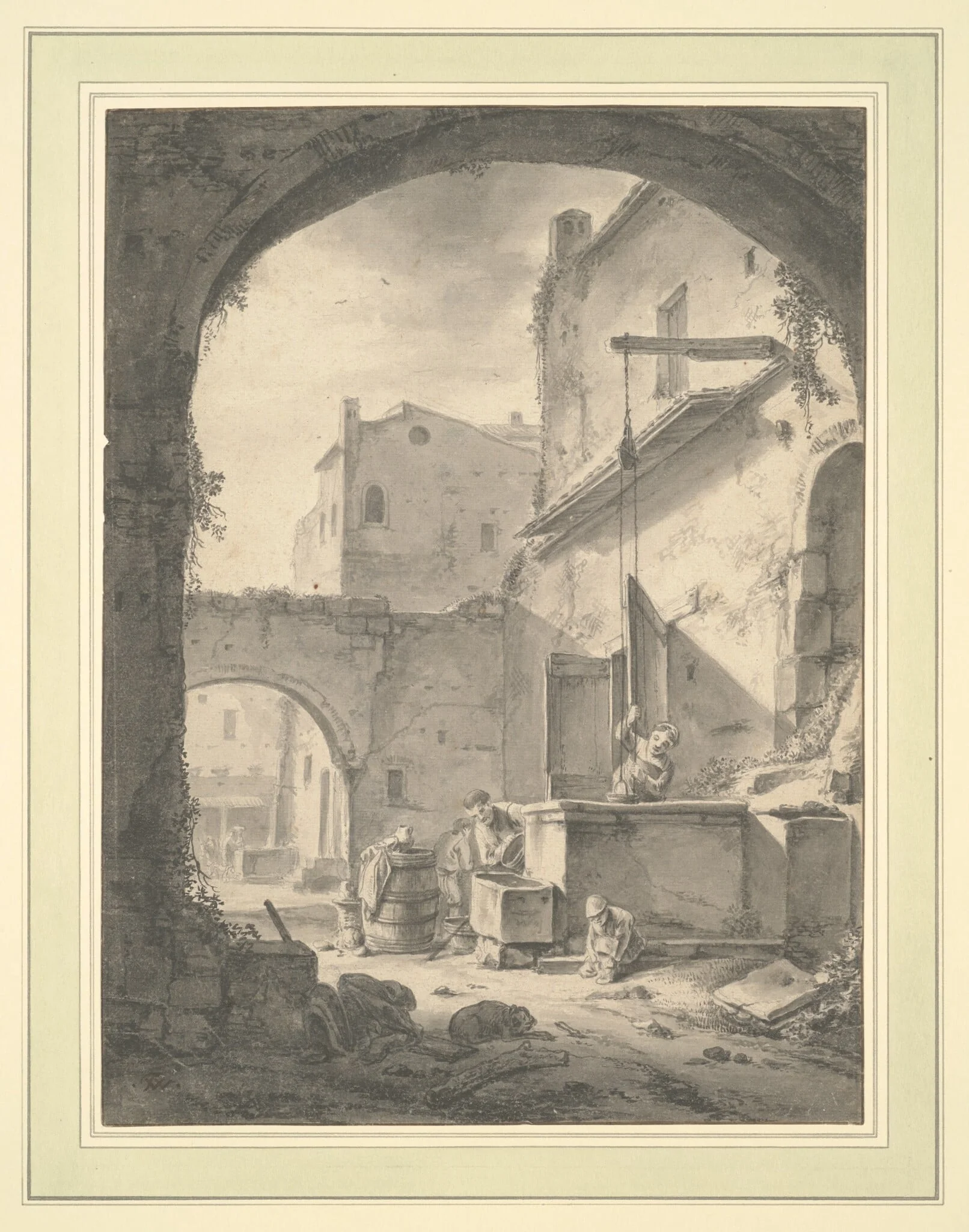 View into a Courtyard with a Family at a Well, by Thomas Wyck, ink, 1664