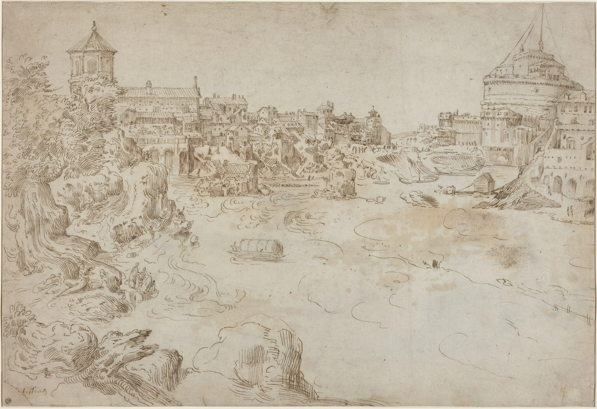 View of the Castle Sant'Angelo and the Ospedale di Santo Spirito [recto], by Étienne Dupérac, ink, 1559
