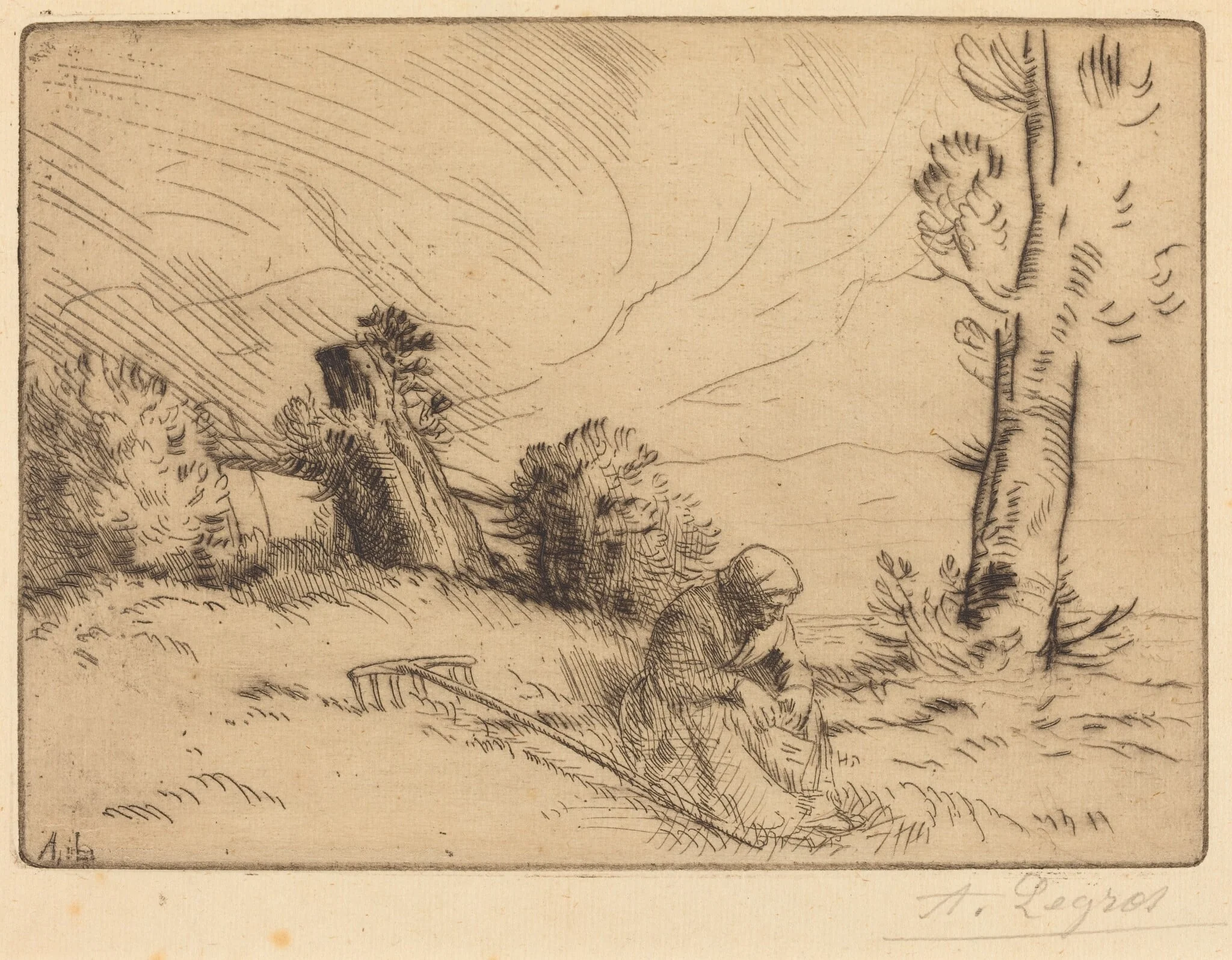 Peasant Woman Seated near a Hedge (Paysanne assise pres d'une haie), by Alphonse Legros, ink, 1874