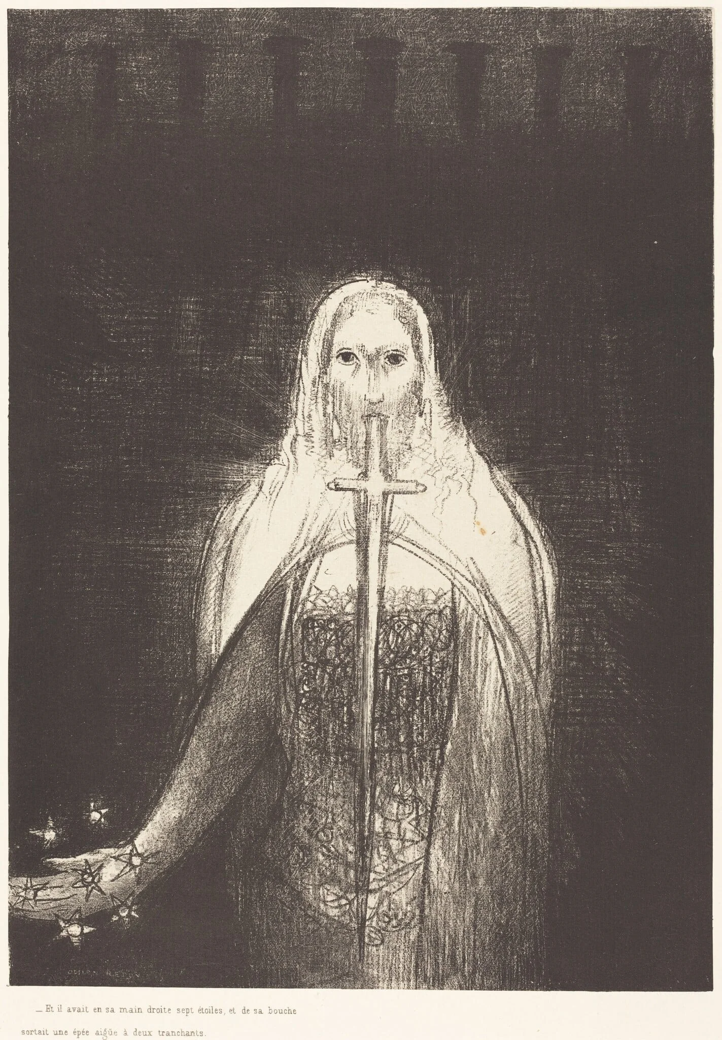 Et il avait dans sa main droit sept etoiles, et de sa bouch sortait une epee aigue a deux tranchants (And he had in his right hand seven stars; and out of his mouth went a sharp two-edged sword)