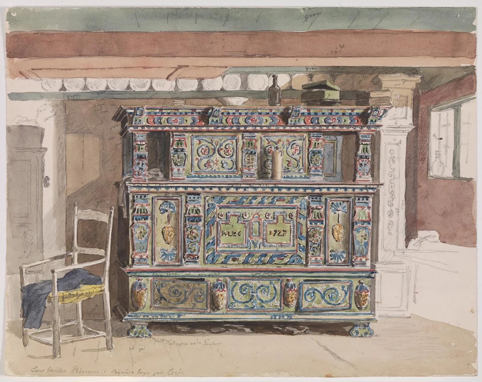 Bemalet skab, dateret 1727, i en stue fra Læsø, by Unknown, unspecified, 1847