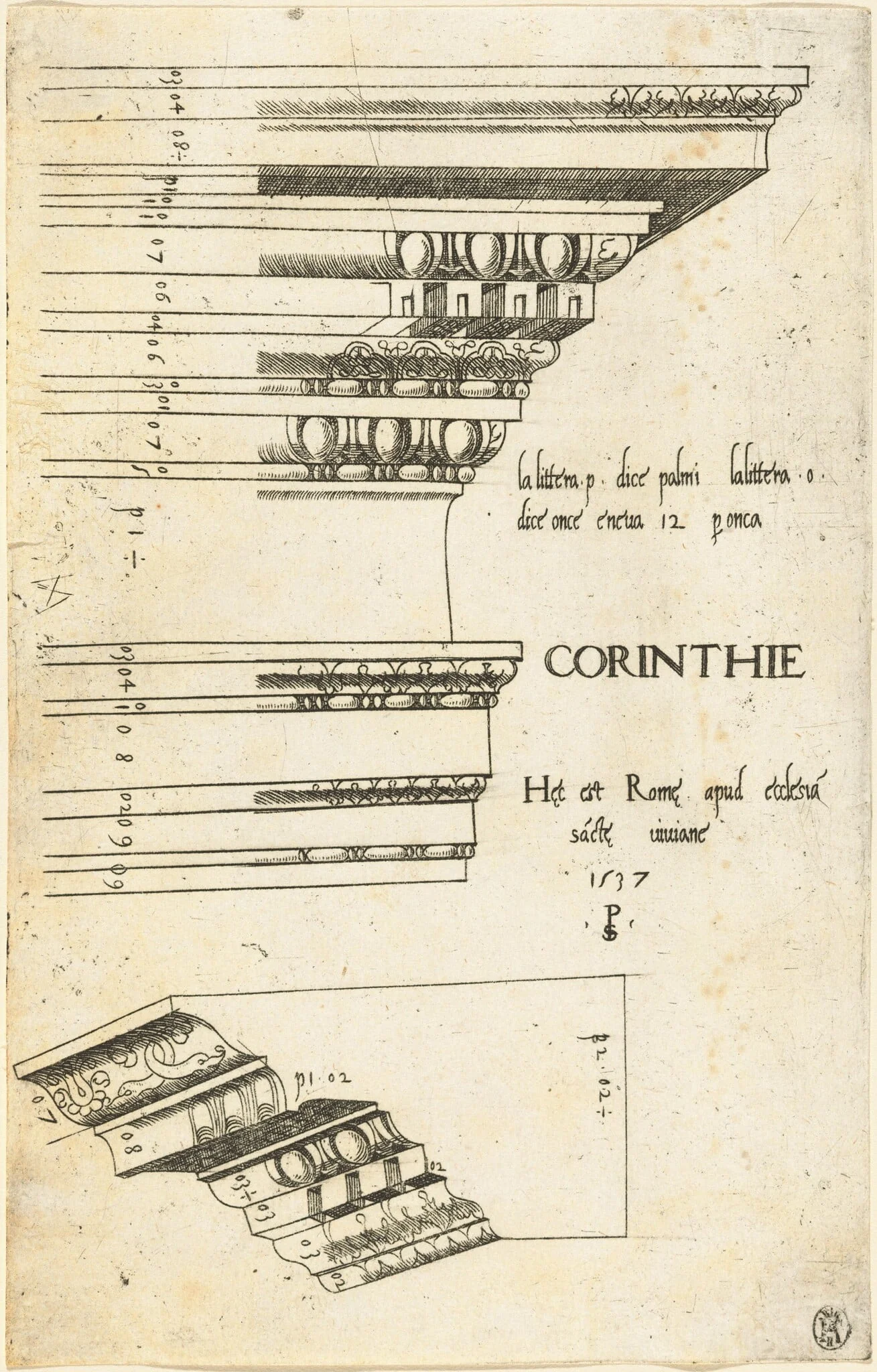Entablature from the Church of Saint Bibiana, Rome, by Pseudo-Pier Francesco Fiorentino, ink, 1537