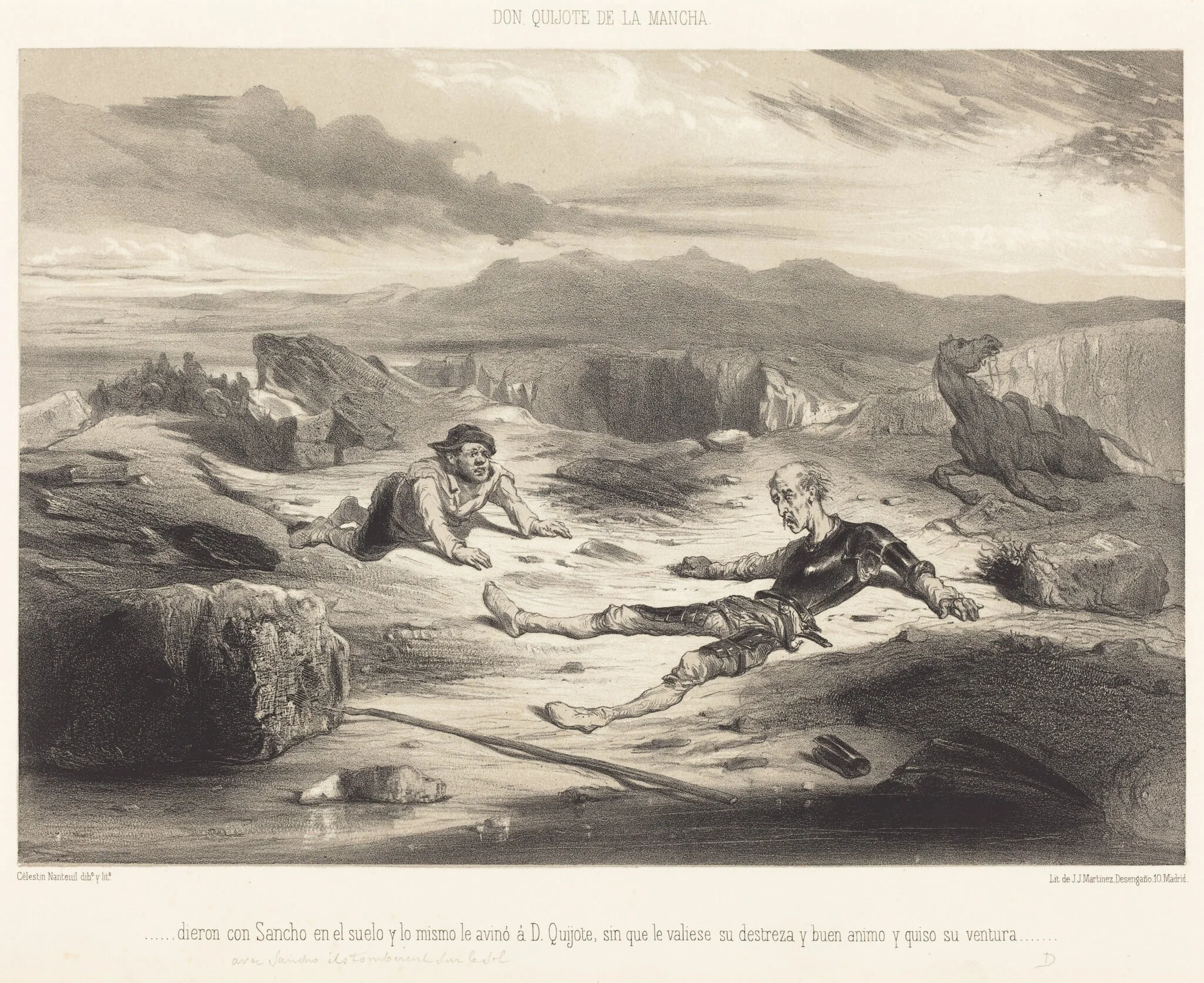 ...dieron con Sancho en el suelo y lo mismo le avinó d D. Quixote..., by Célestin Nanteuil, ink, 1855