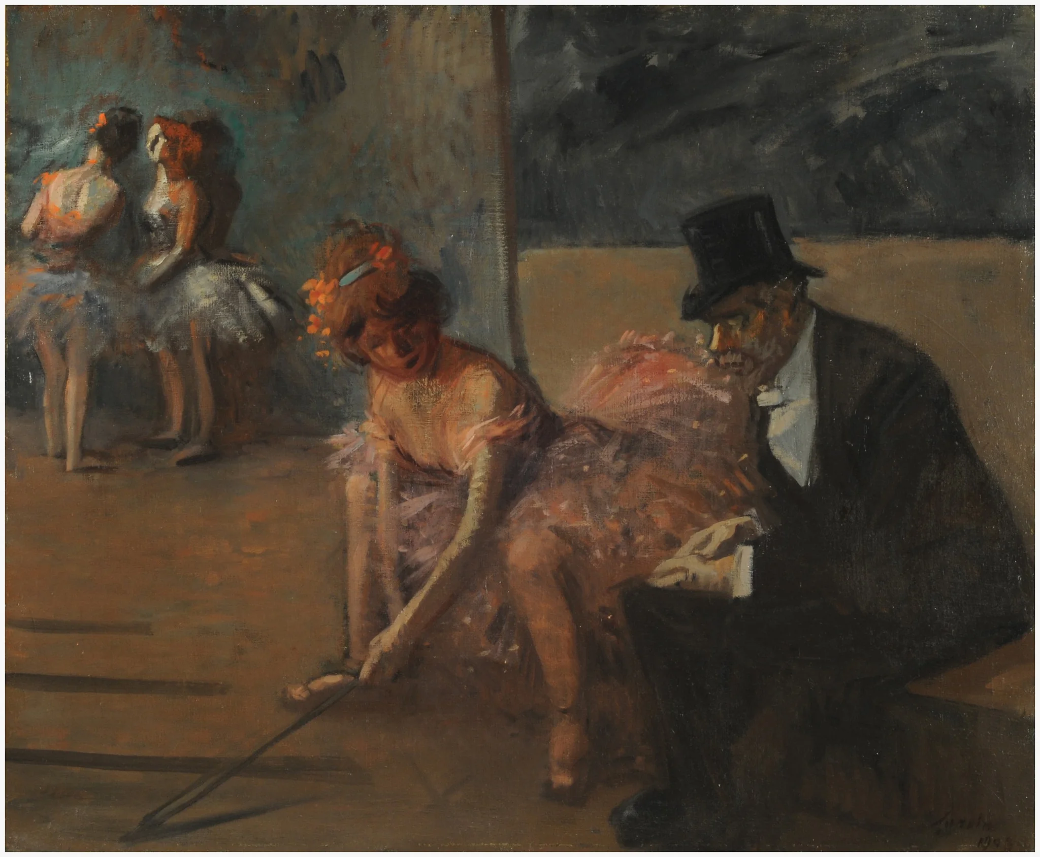 Danseuse et admirateur derrière la scène (Bailarina y admirador tras la escena), by Jean-Louis Forain, oil, 1901