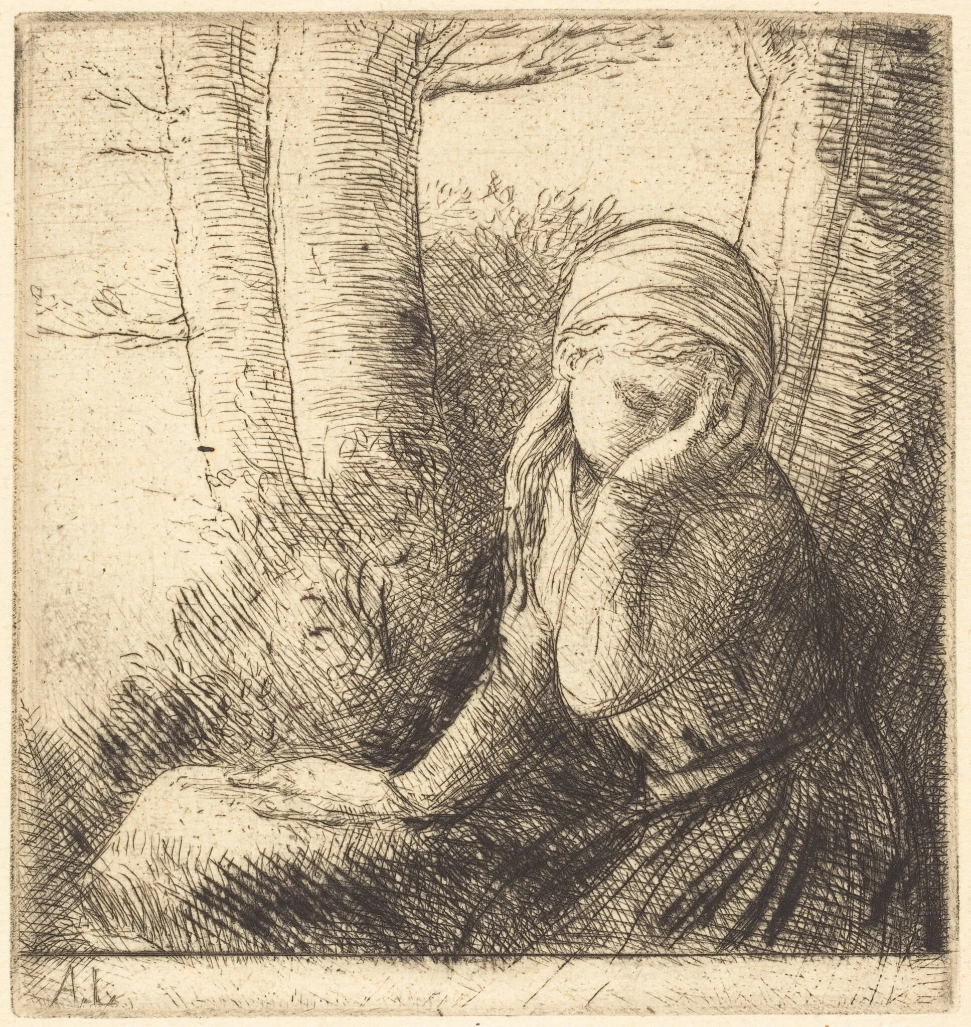 Desperate Young Girl (La jeune desesperee), by Alphonse Legros, ink, 1874