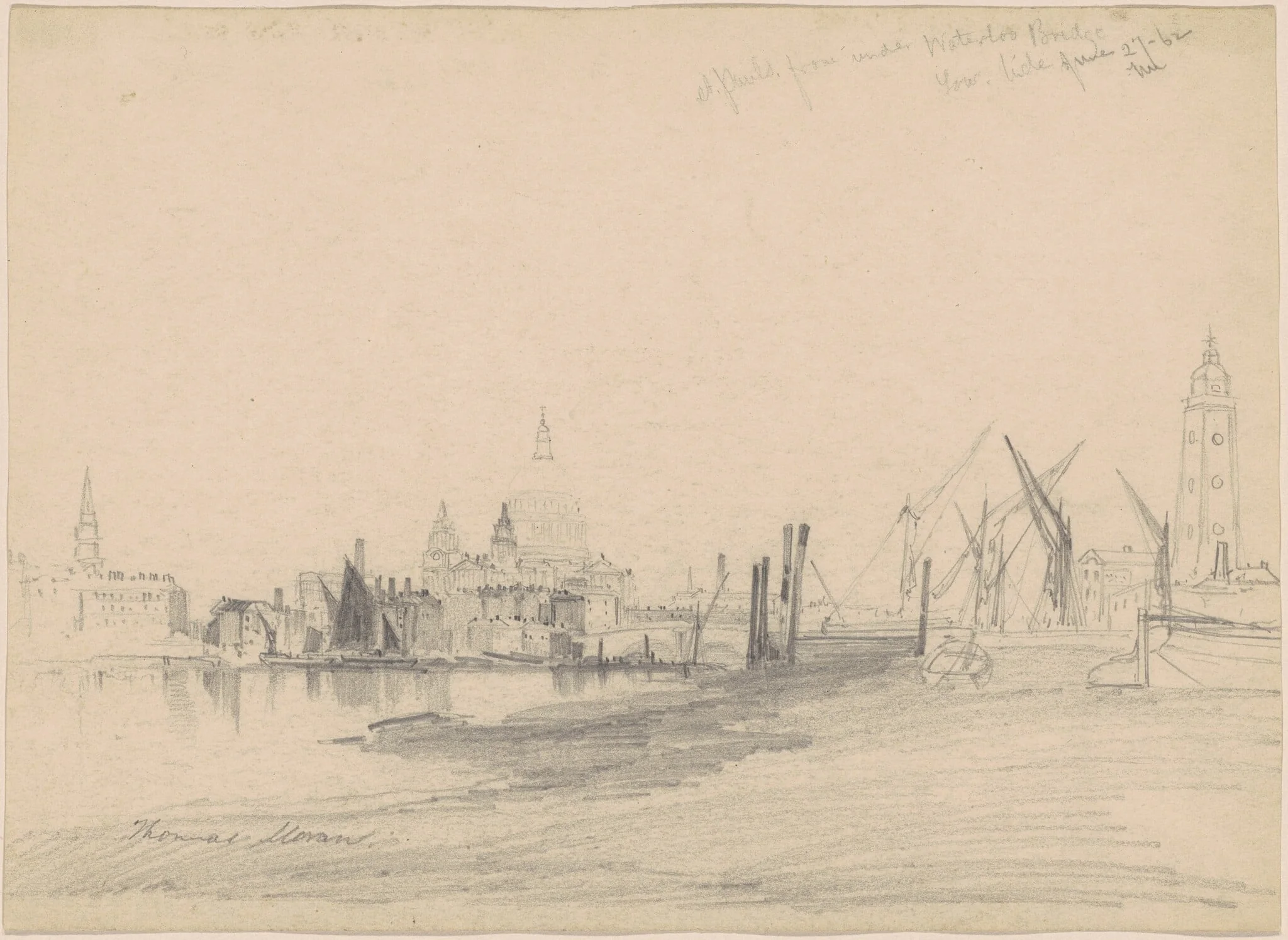 St. Paul's from Under Waterloo Bridge, Low Tide, by Thomas Moran, graphite, 1862