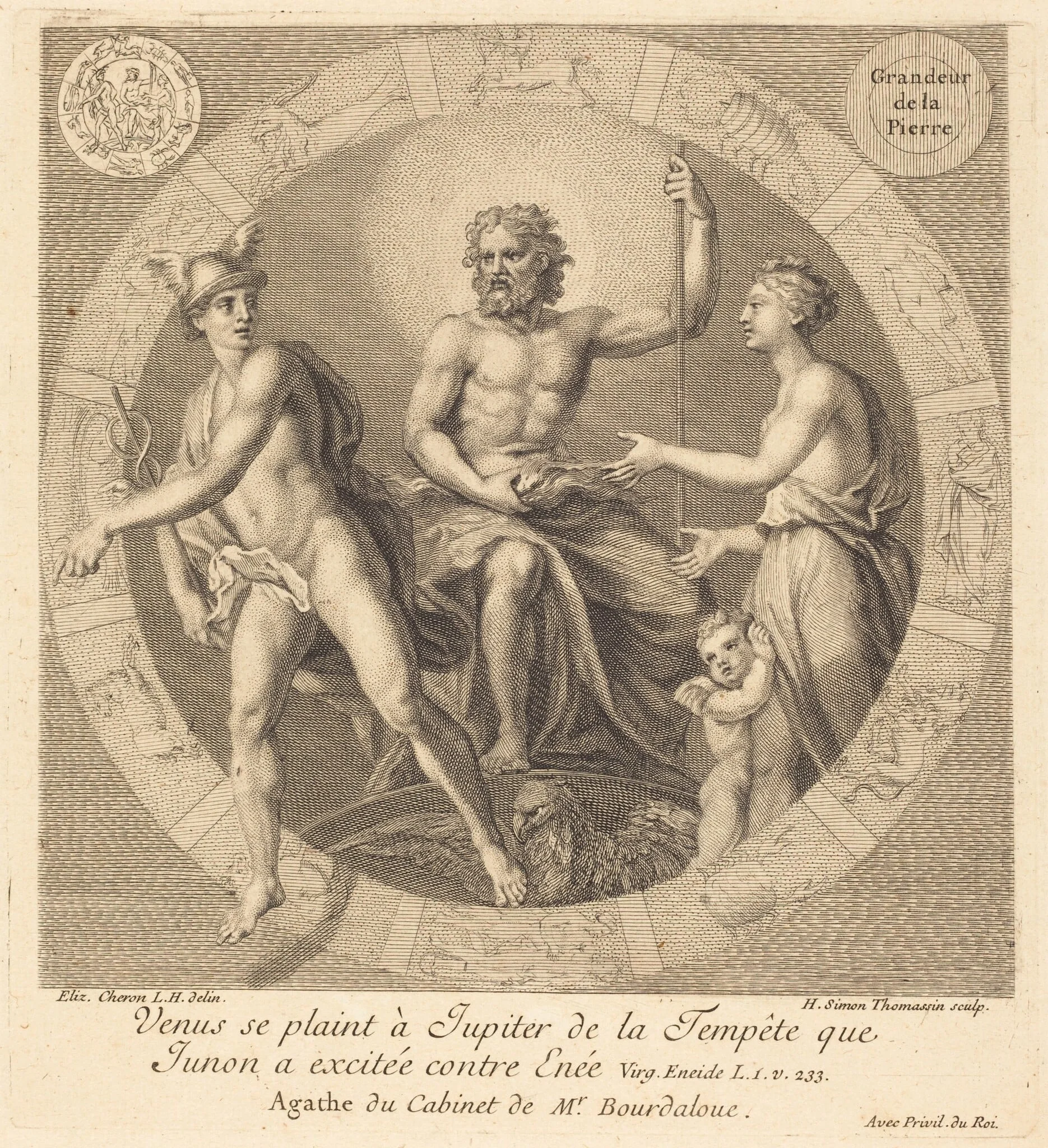 Venus se plaint a Jupiter de la tempete que Junon a excitee contre Enee, by Henri Simon Thomassin, ink, 1714