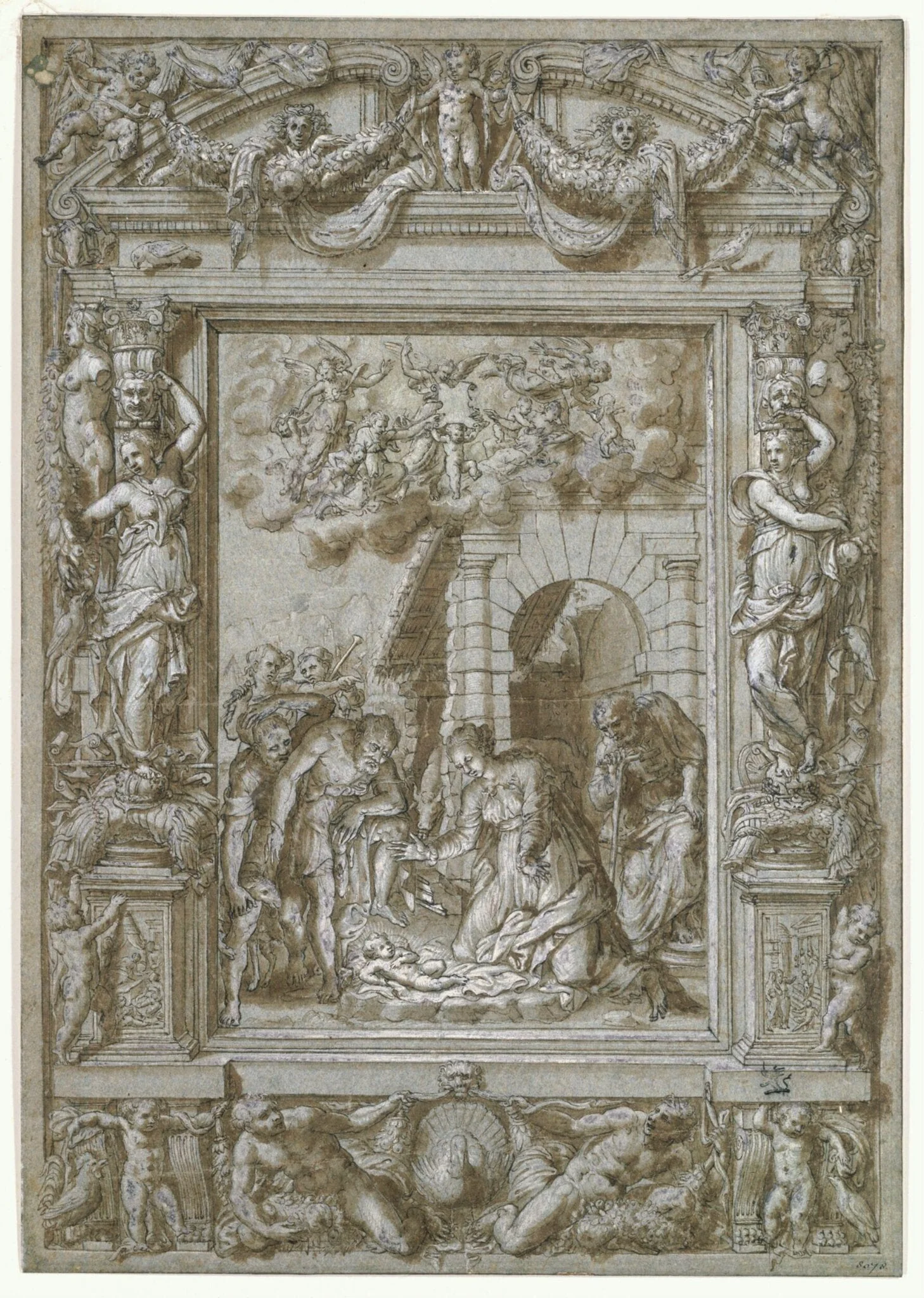 The Adoration of the Shepherds, in an architectural frame ornamented with caryatids, putti, festoons, birds, trophies etc, by Unknown, 1550
