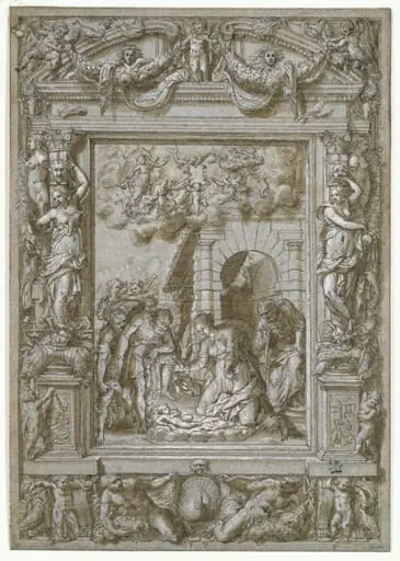 The Adoration of the Shepherds, in an architectural frame ornamented with caryatids, putti, festoons, birds, trophies etc