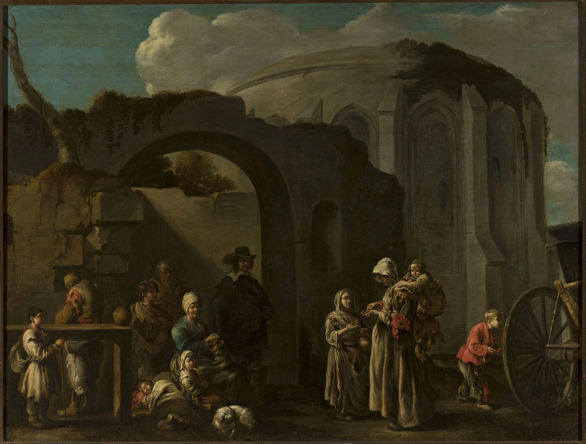 Family of beggars among ruins