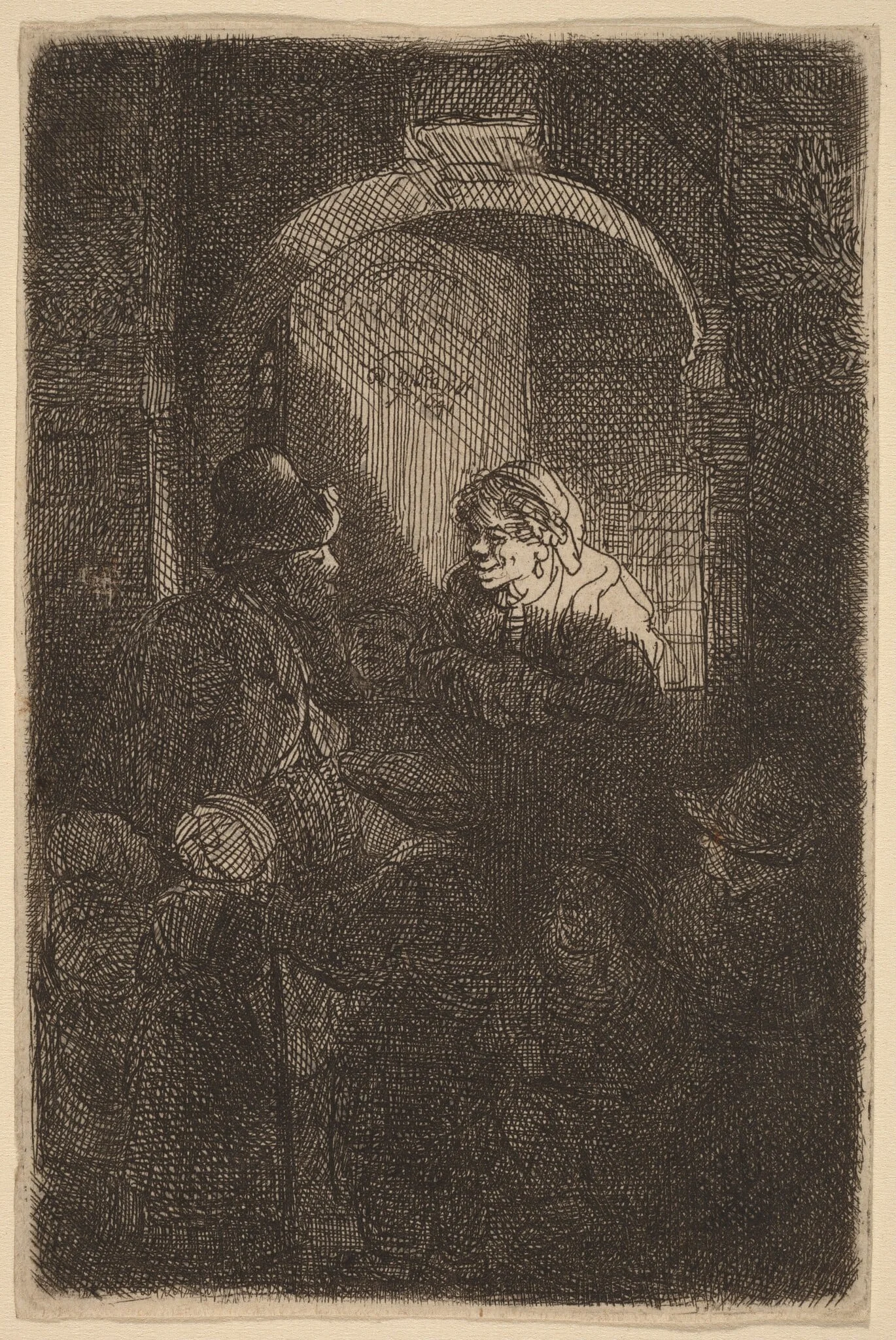 Woman at a Door Hatch Talking to a Man and Children (The Schoolmaster), by Rembrandt, ink, 1641