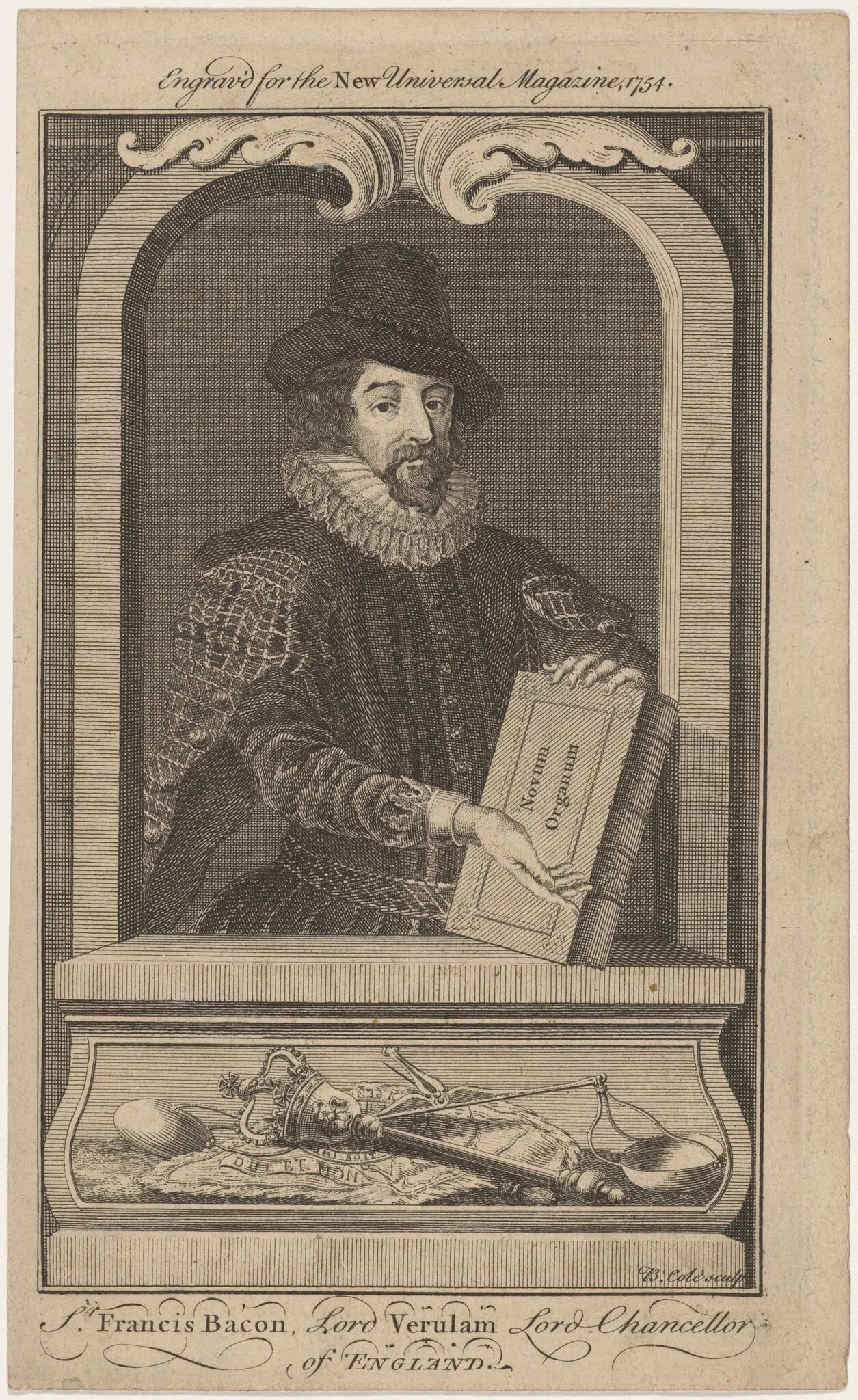 Sir Francis Bacon, Lord Verulam, by B. Cole, ink, 1754