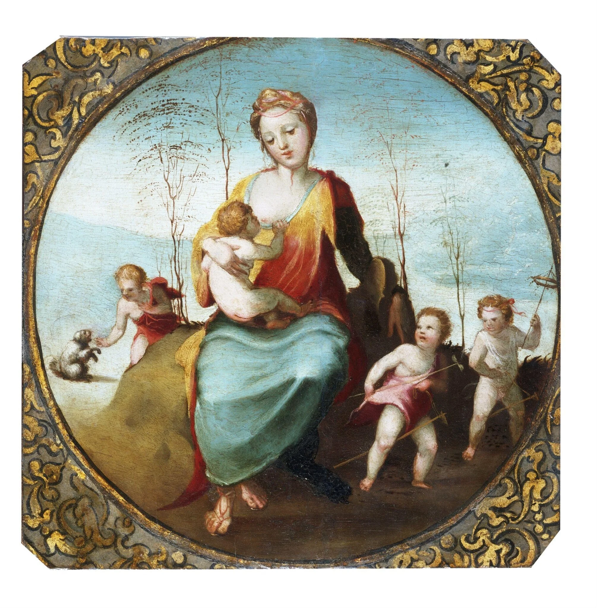 Charity suckling a Child and Surrounded by Three Children Playing with a Dog and Hobby Horses, by Domenico Beccafumi, oil, 1525