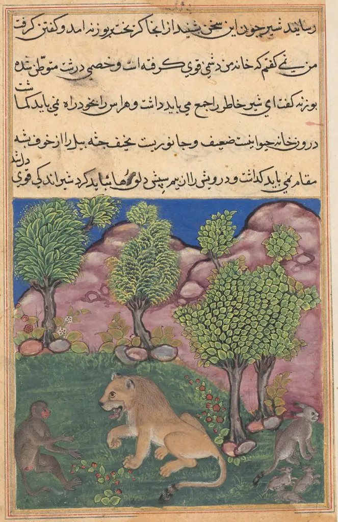 The monkey advises the suspicious lion to cast off fear and take possession of his territory, from a Tuti-nama (Tales of a Parrot): Twenty-ninth Night