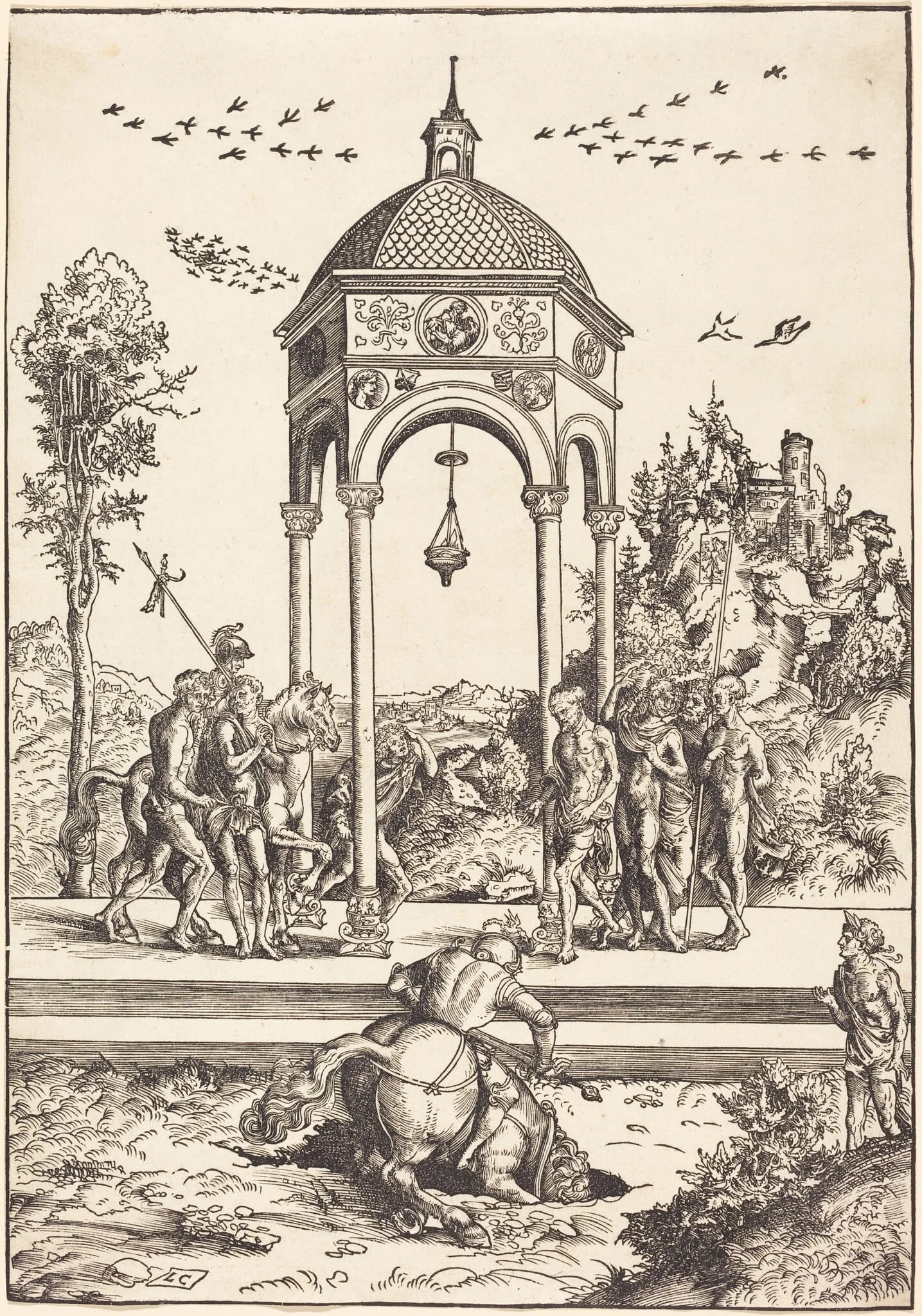 Marcus Curtius Plunging into the Chasm, by Lucas Cranach the Elder, ink, 1512