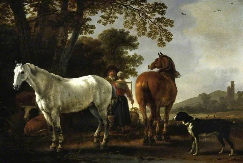 Landscape with figures and horses, by Abraham van Calraet, oil, 1696