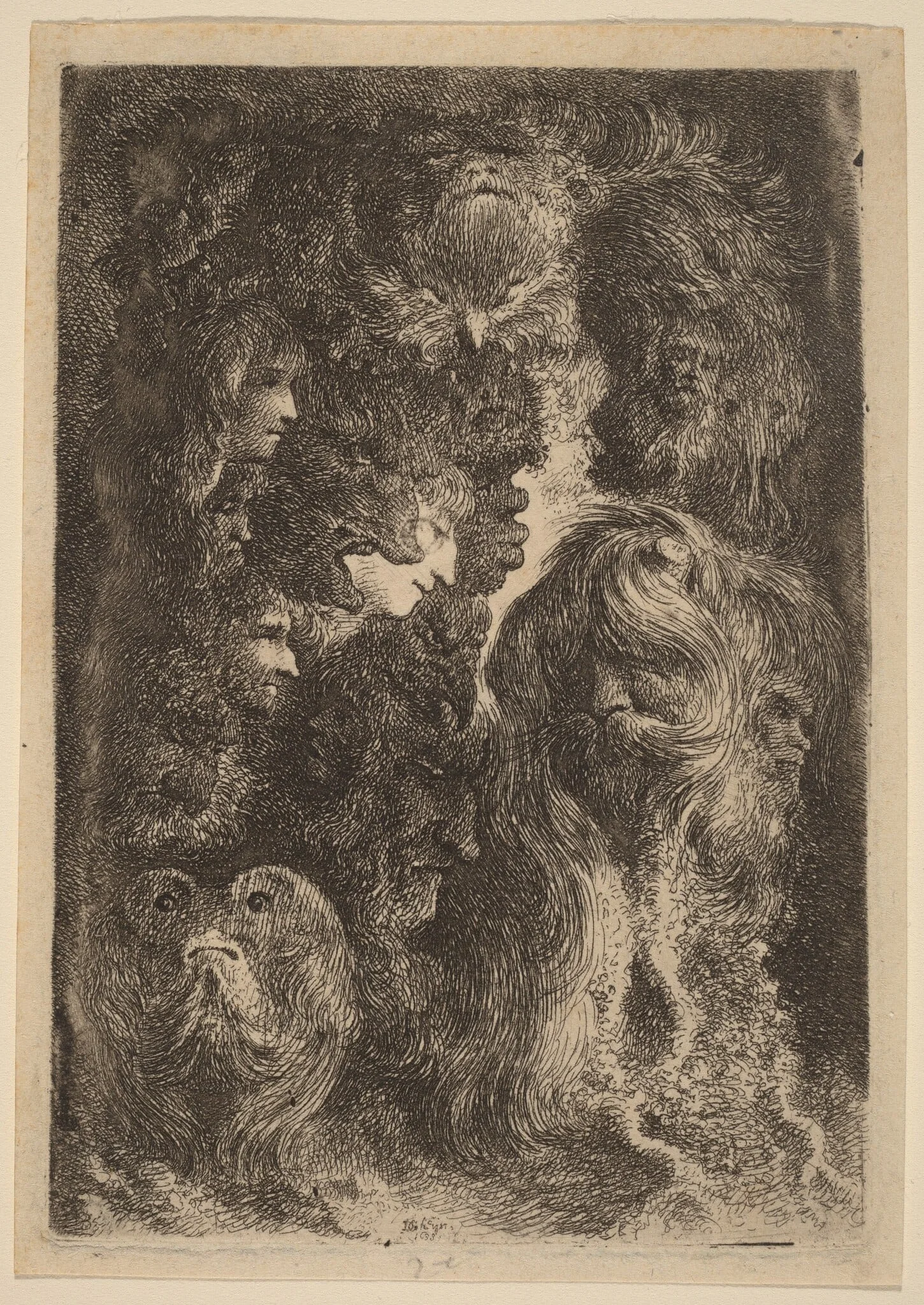 Fantastic Heads, by Bartholomeus Breenbergh, ink, 1638