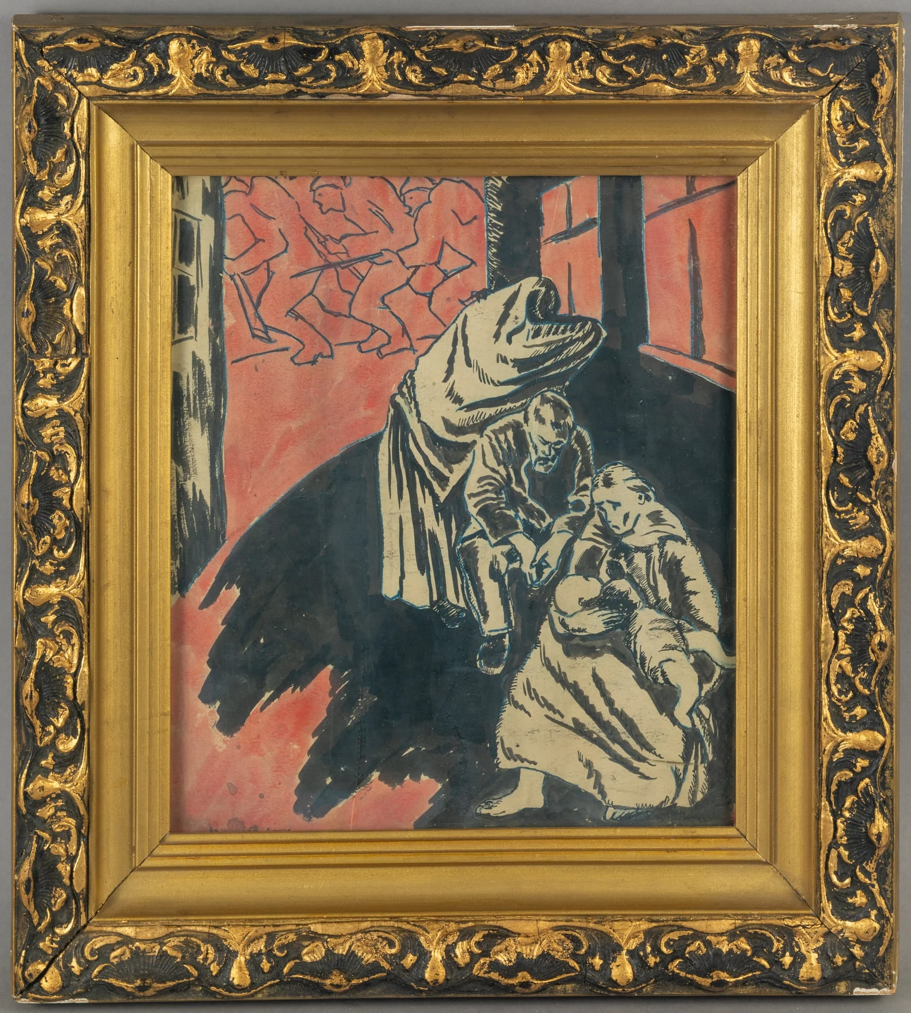 Desen reprezentând „Familiile greviștilor din 1933”, realizat de Maria Arbore, în tuș și acuarelã, by Maria Arbore