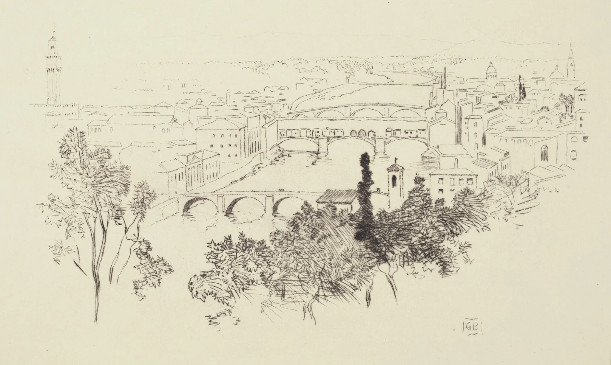 Sketch of Florence, by George Elbert Burr, ink, 1934