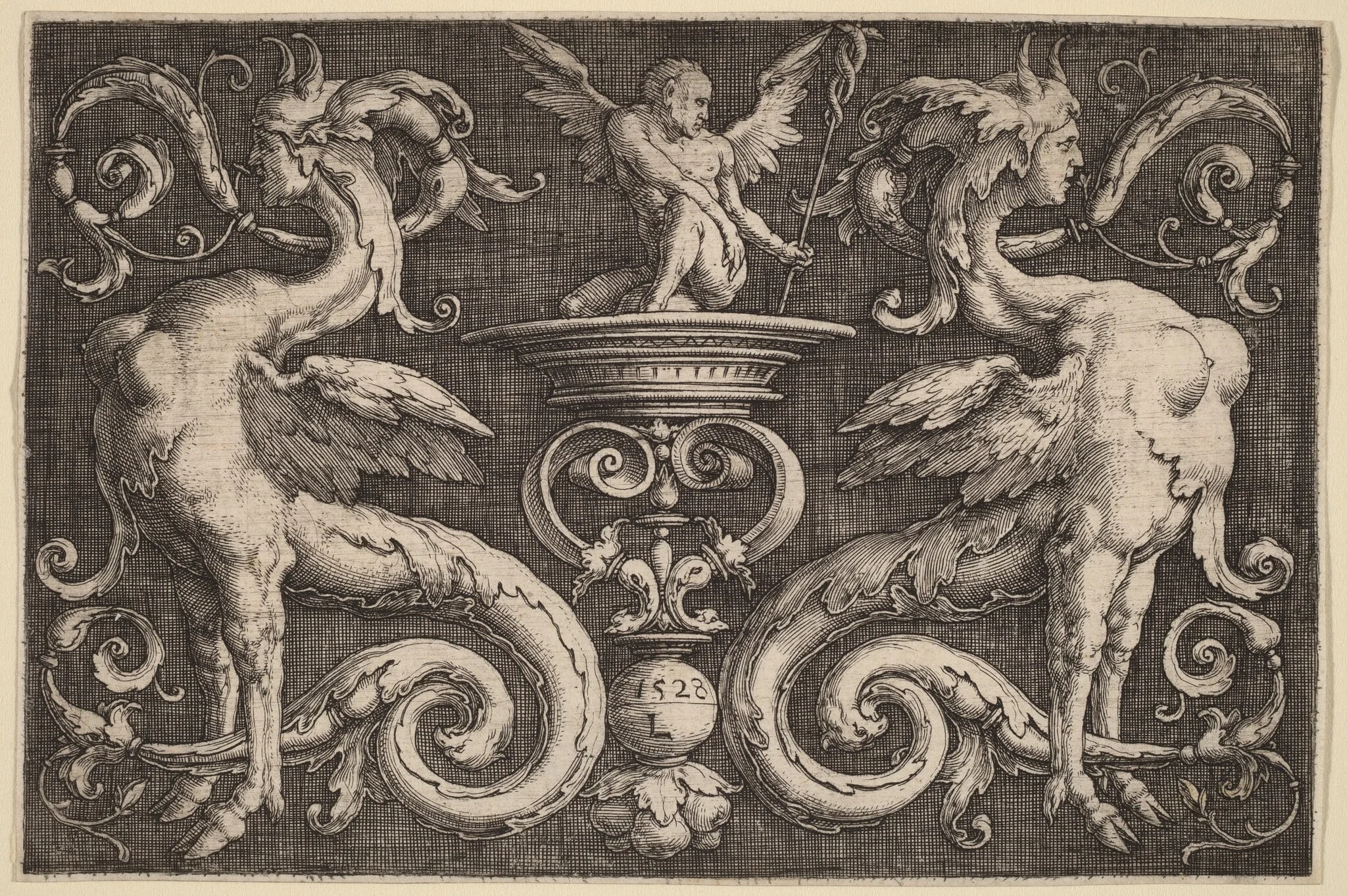 Ornament with Two Sphinxes and a Winged Man, by Lucas van Leyden, ink, 1528