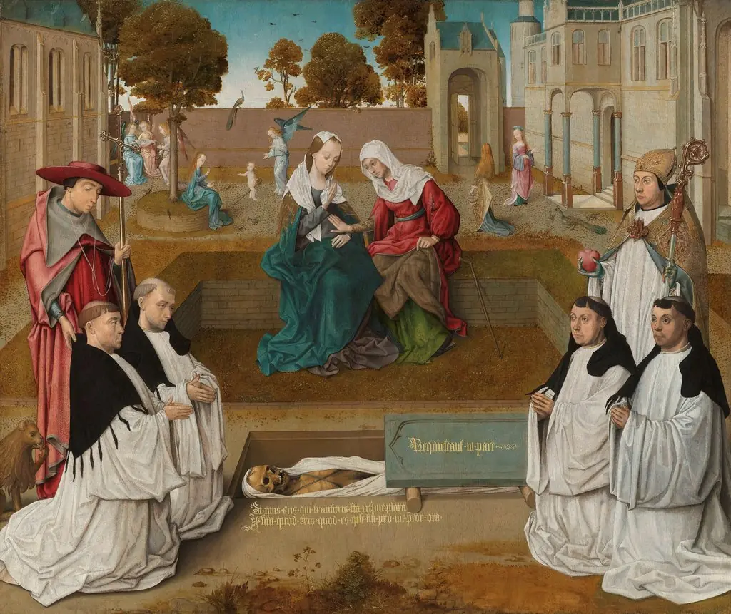 Four canons with Sts Augustine and Jerome by an open grave, with the Visitation