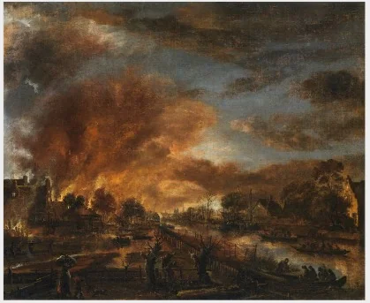 A Riverside Town on Fire, by Aert van der Neer, oil, 1650