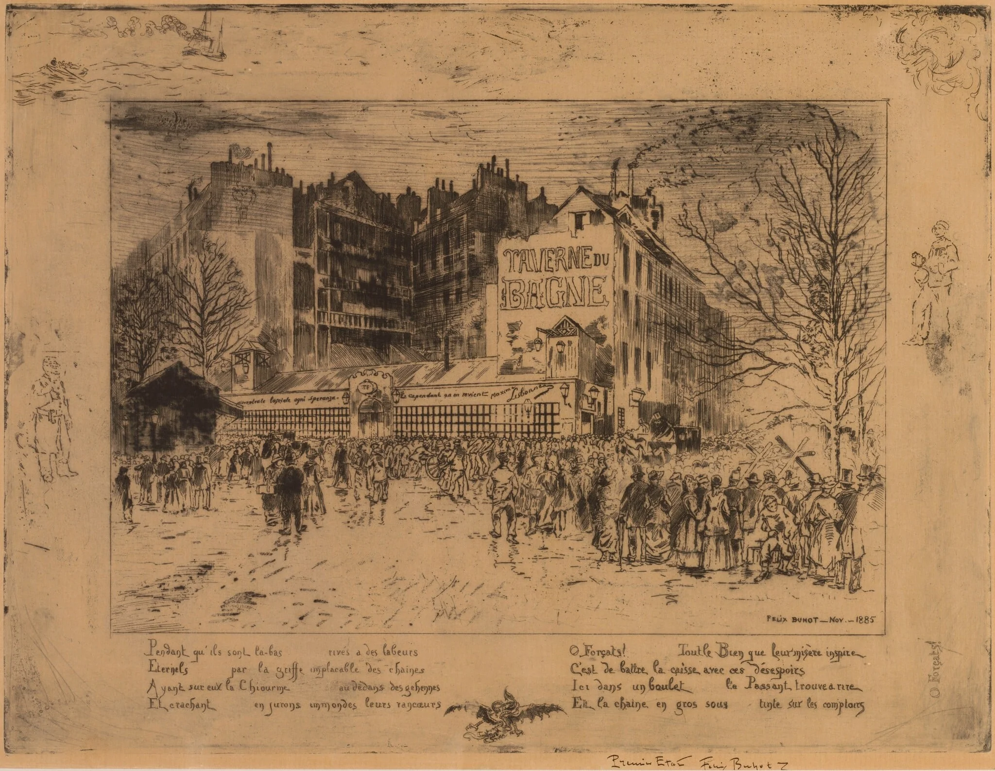 La Place des Martyrs et La Taverne du Bagne (The Place des Martyrs and the Jailhouse Tavern), by Félix-Hilaire Buhot, ink, 1885