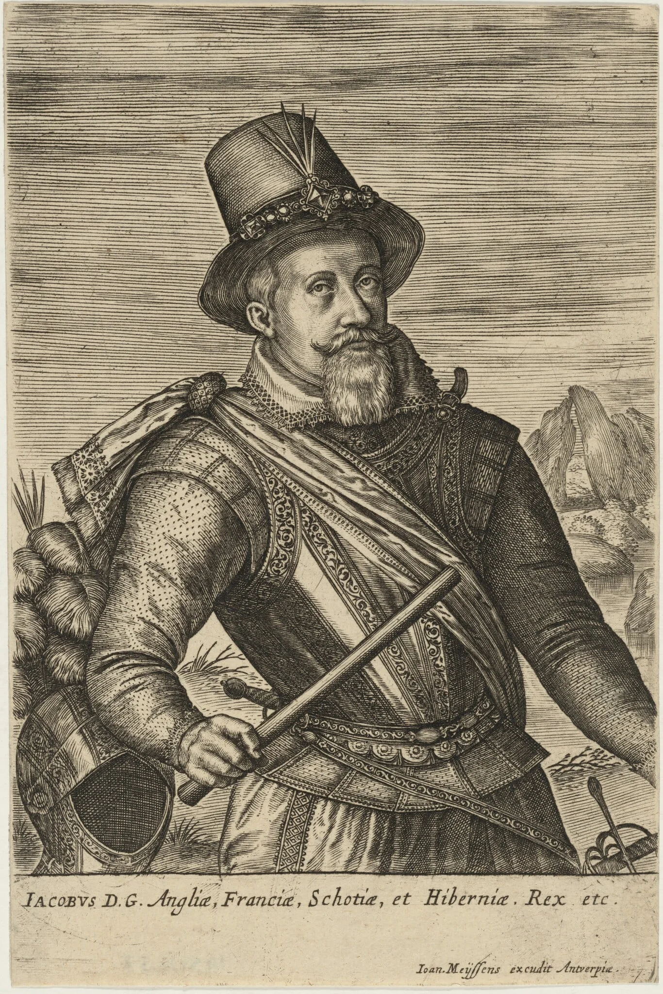 James I, by Johan Wierix, ink, 1582