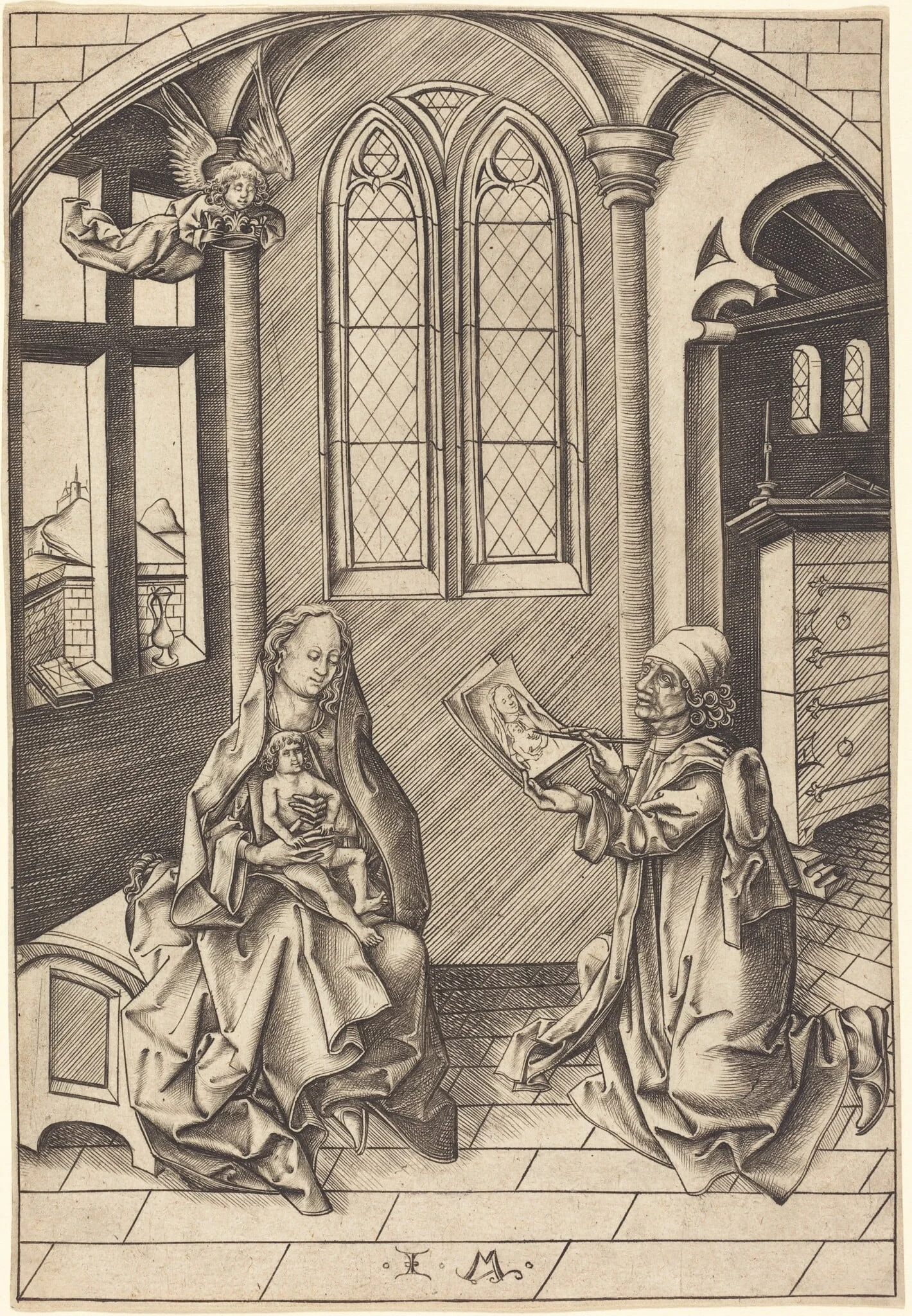Saint Luke Drawing a Portrait of the Virgin, by Israhel van Meckenem, ink, 1475