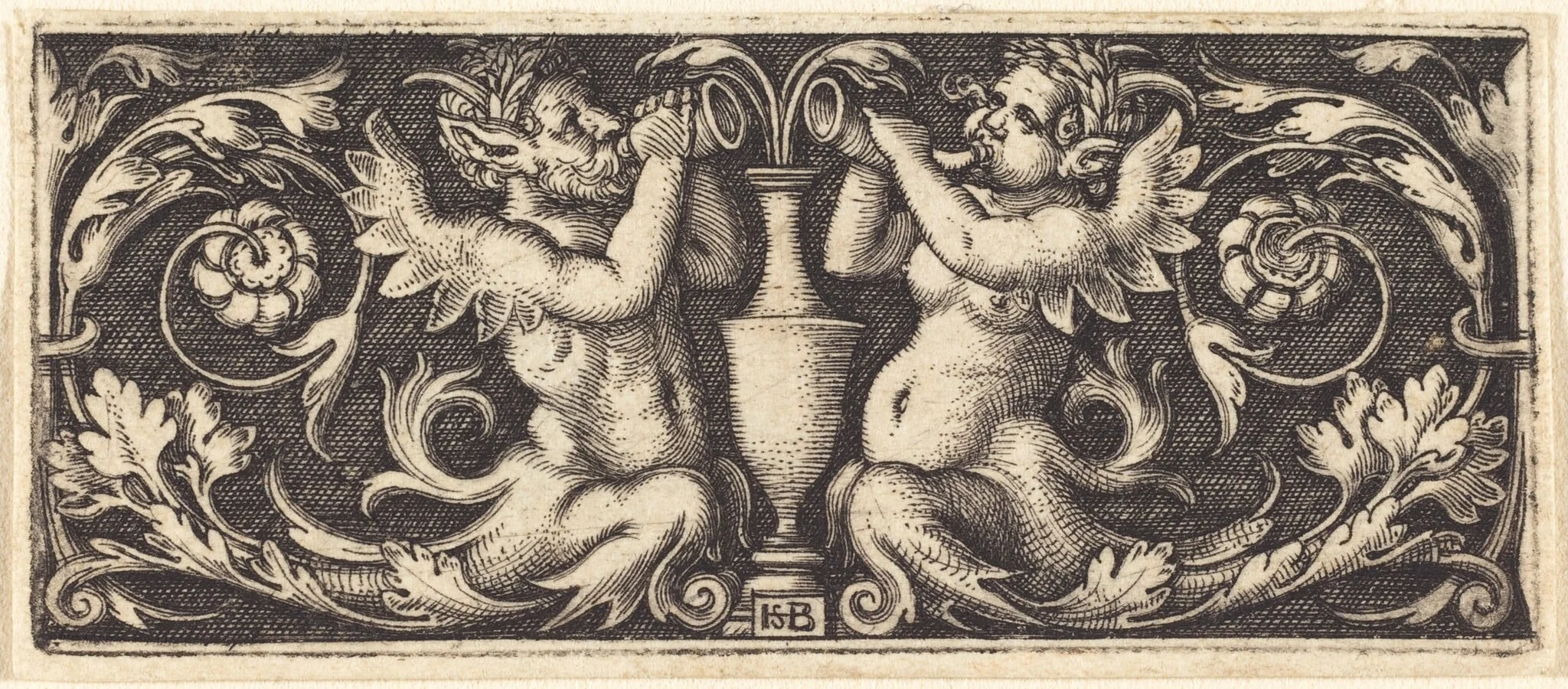 Ornament with a Couple of Tritons Blowing Horns, by Sebald Beham, ink, 1544