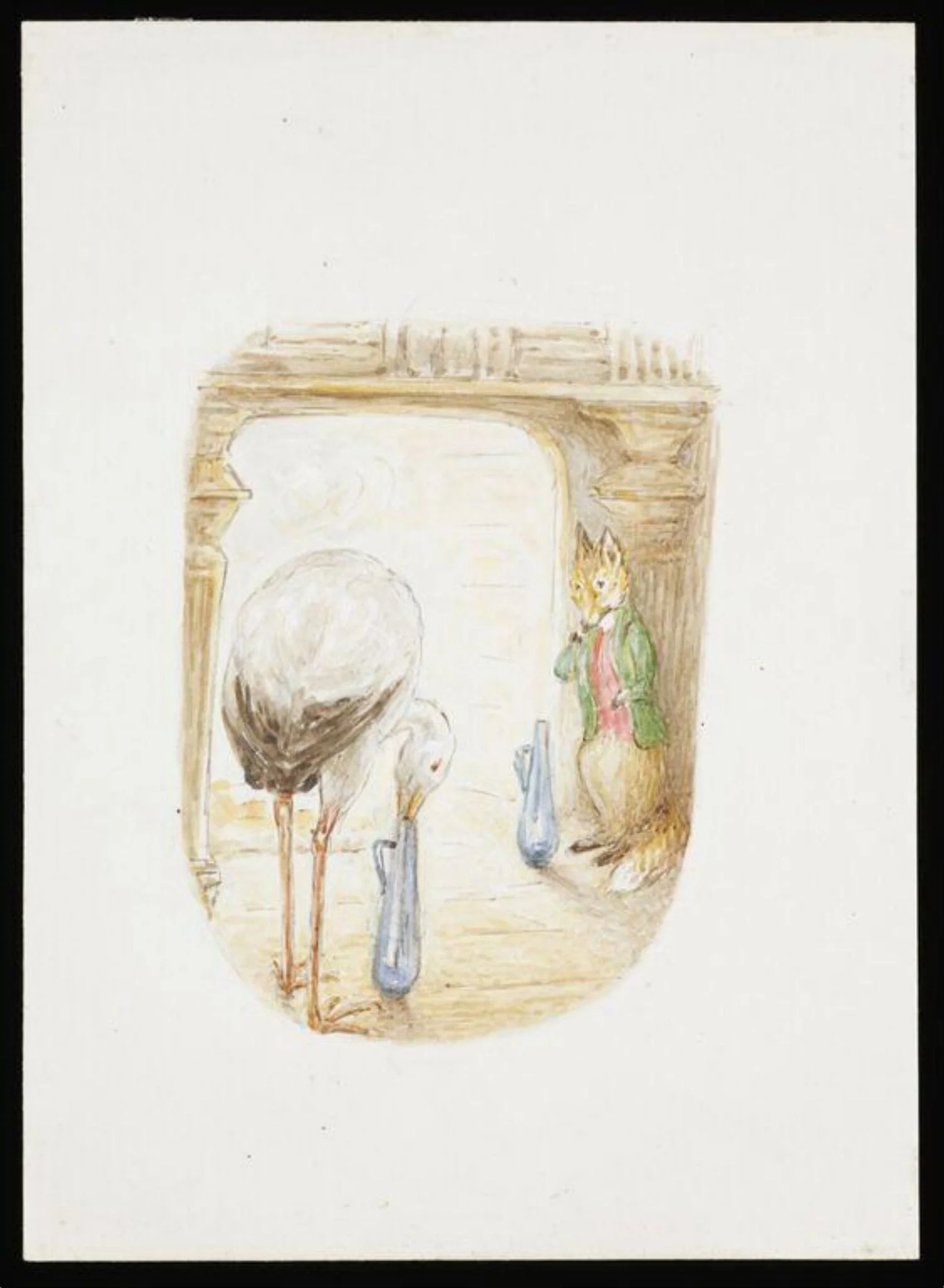 The fox watching the stork feeding from a narrow-necked jar